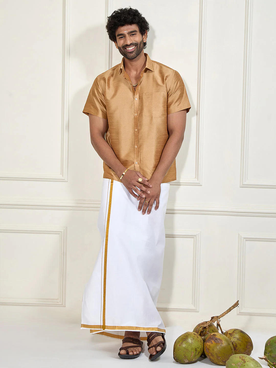 Men's Gold Silk Blend Ethnic Shirt - Image 4
