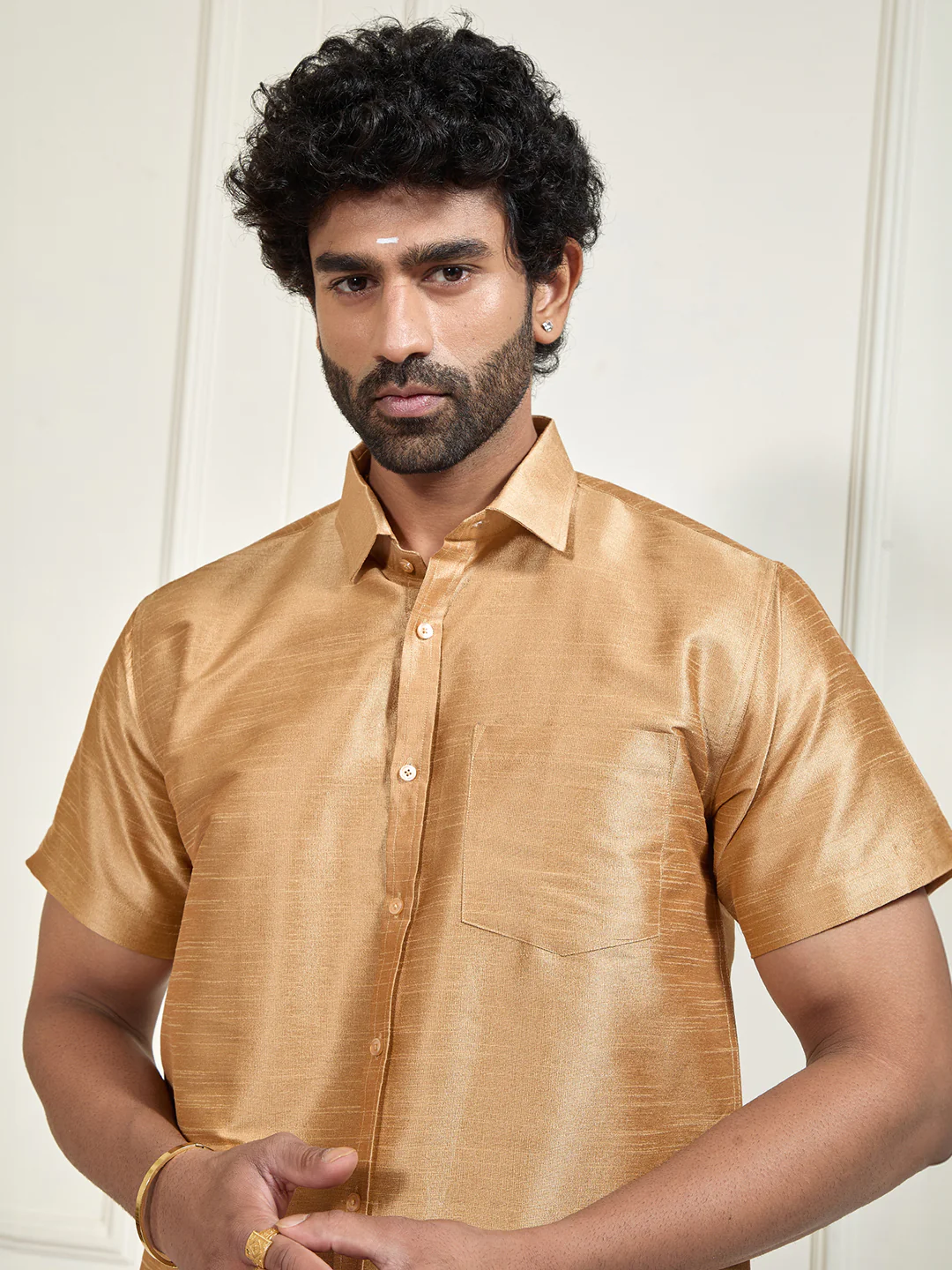 Men's Gold Silk Blend Ethnic Shirt - Image 6