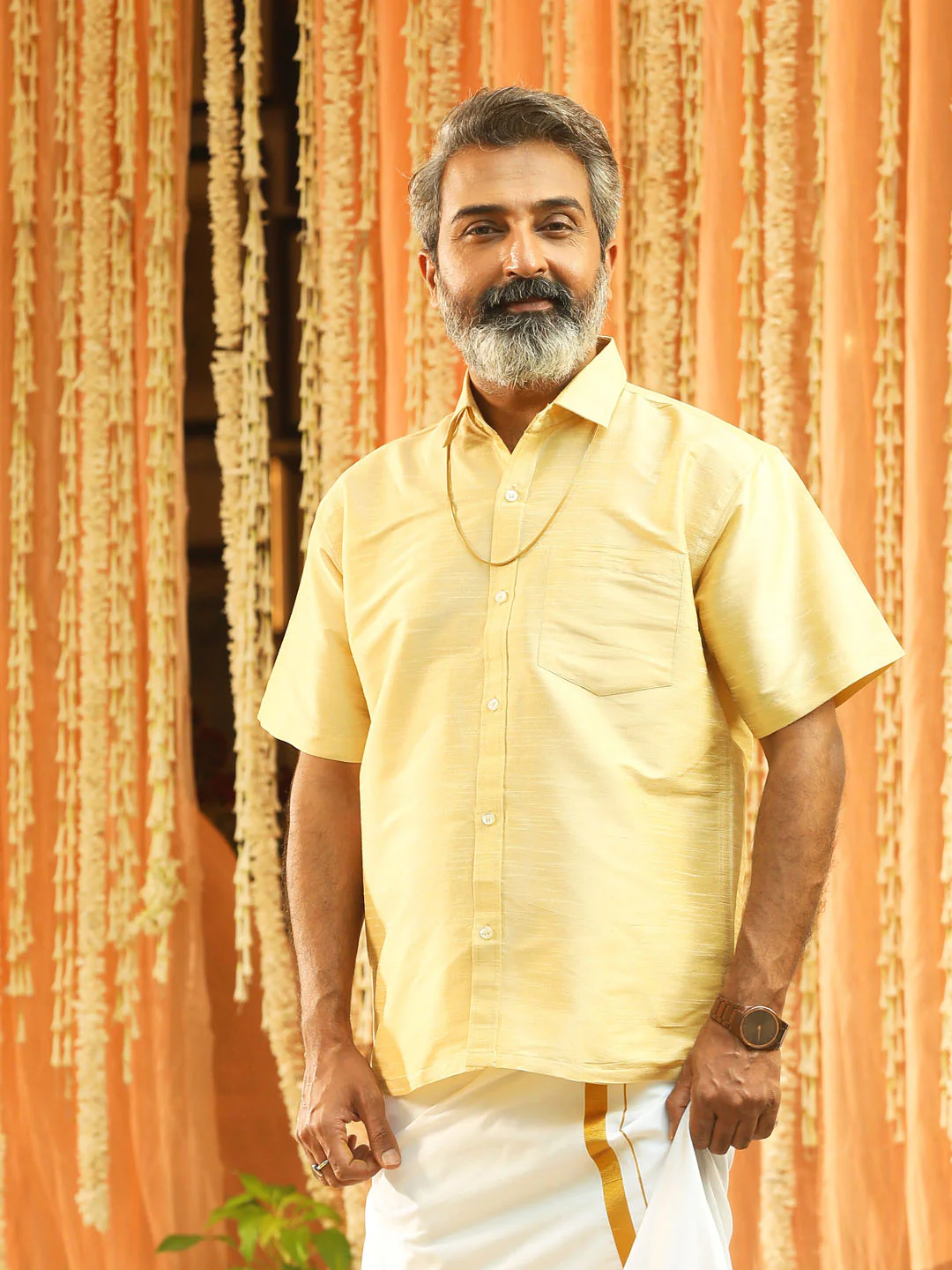 Men's Gold Silk Blend Ethnic Shirt - Image 6