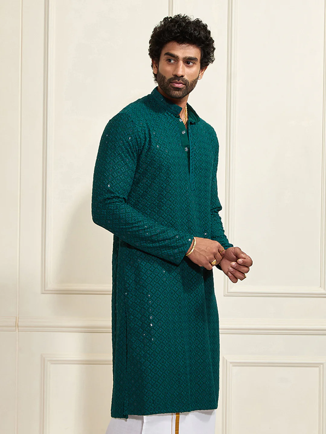 Men's Green Rayon Schiffli Kurta - Image 2