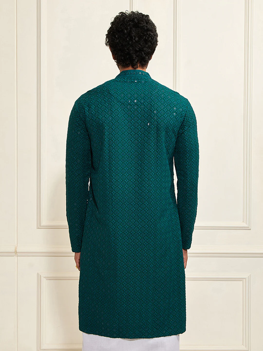 Men's Green Rayon Schiffli Kurta - Image 4