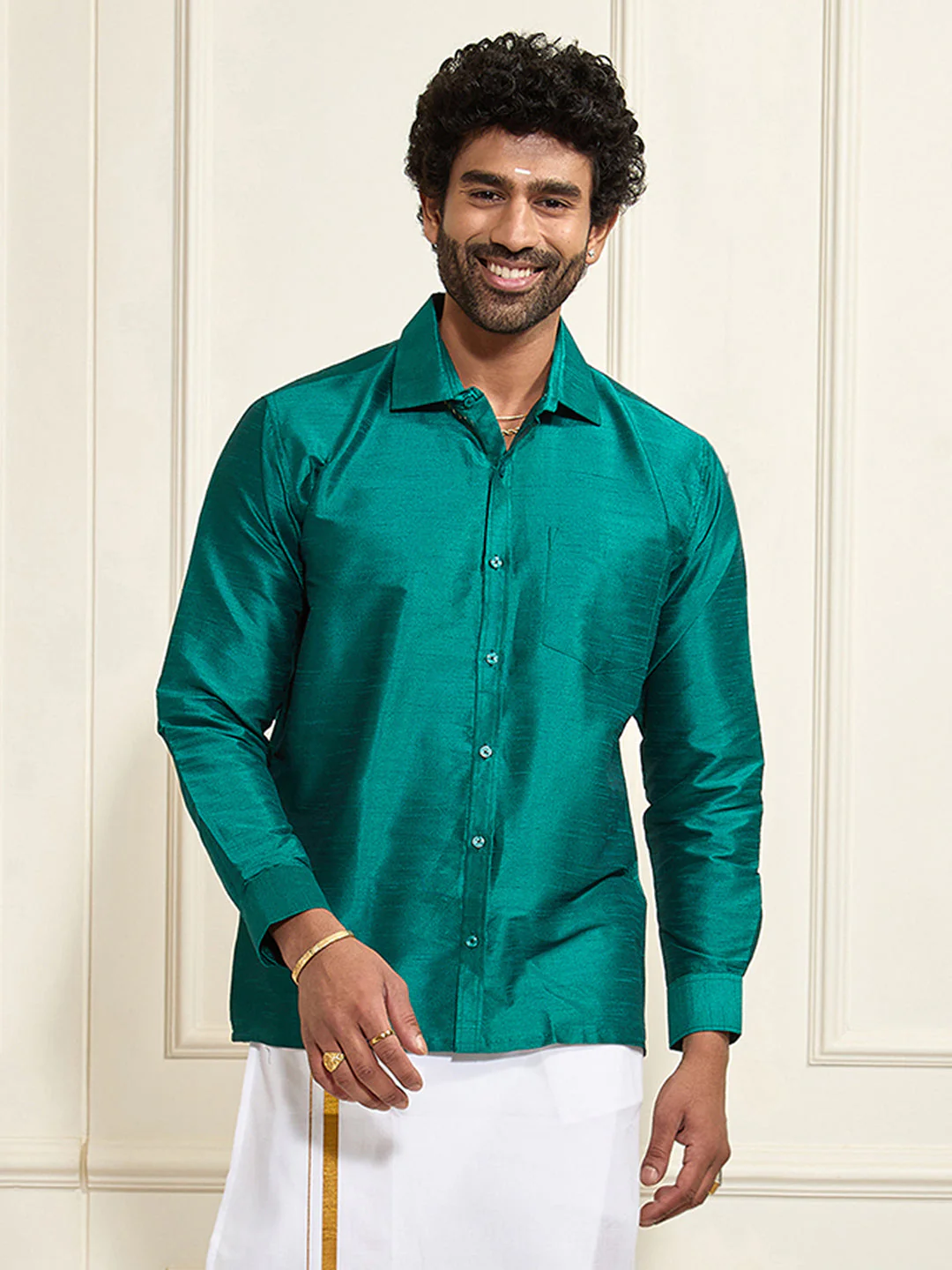 Men's Green Silk Blend Ethnic Shirt - Image 10