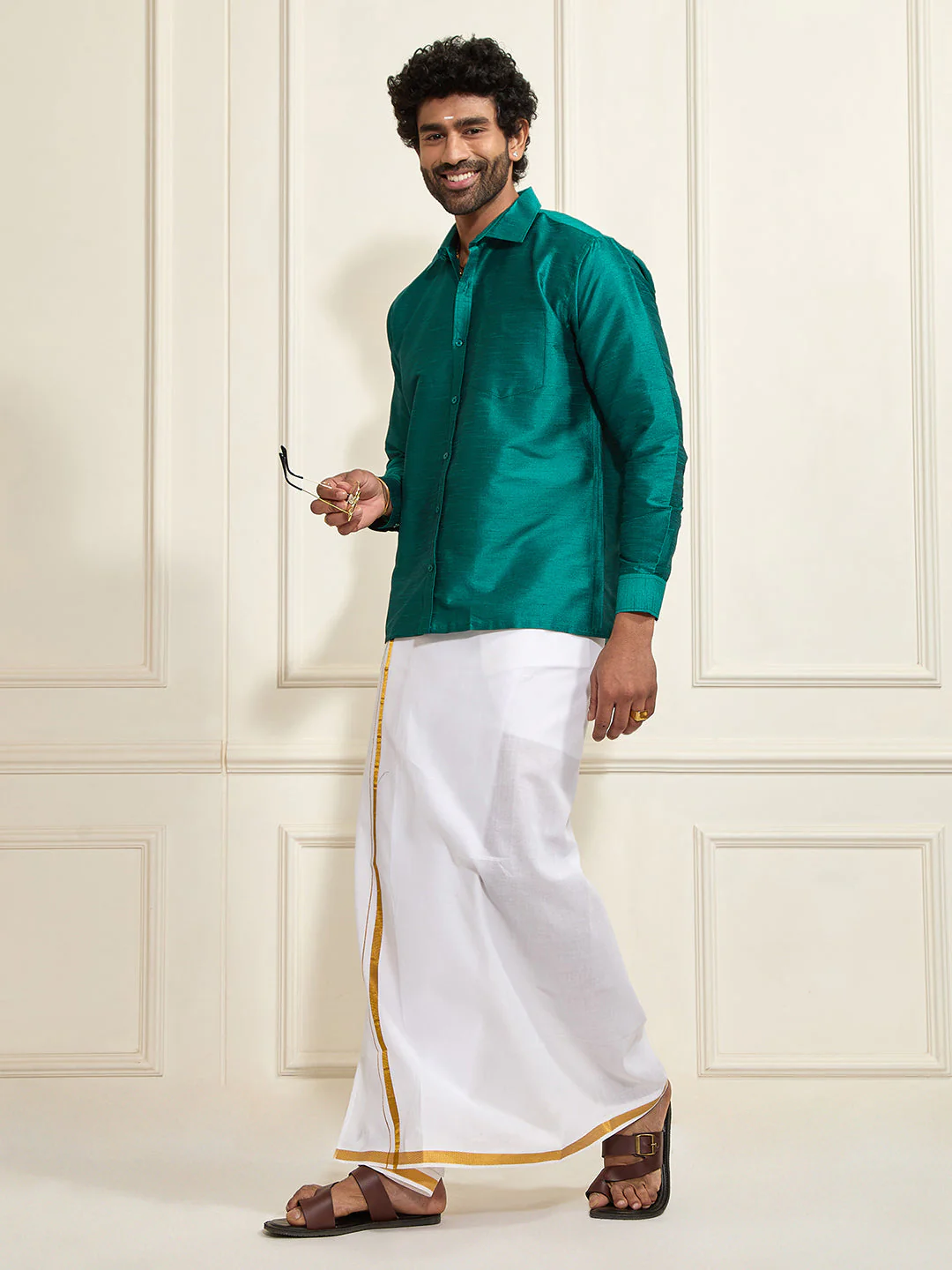 Men's Green Silk Blend Ethnic Shirt - Image 4