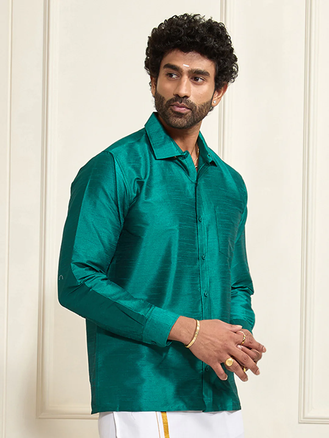 Men's Green Silk Blend Ethnic Shirt - Image 5
