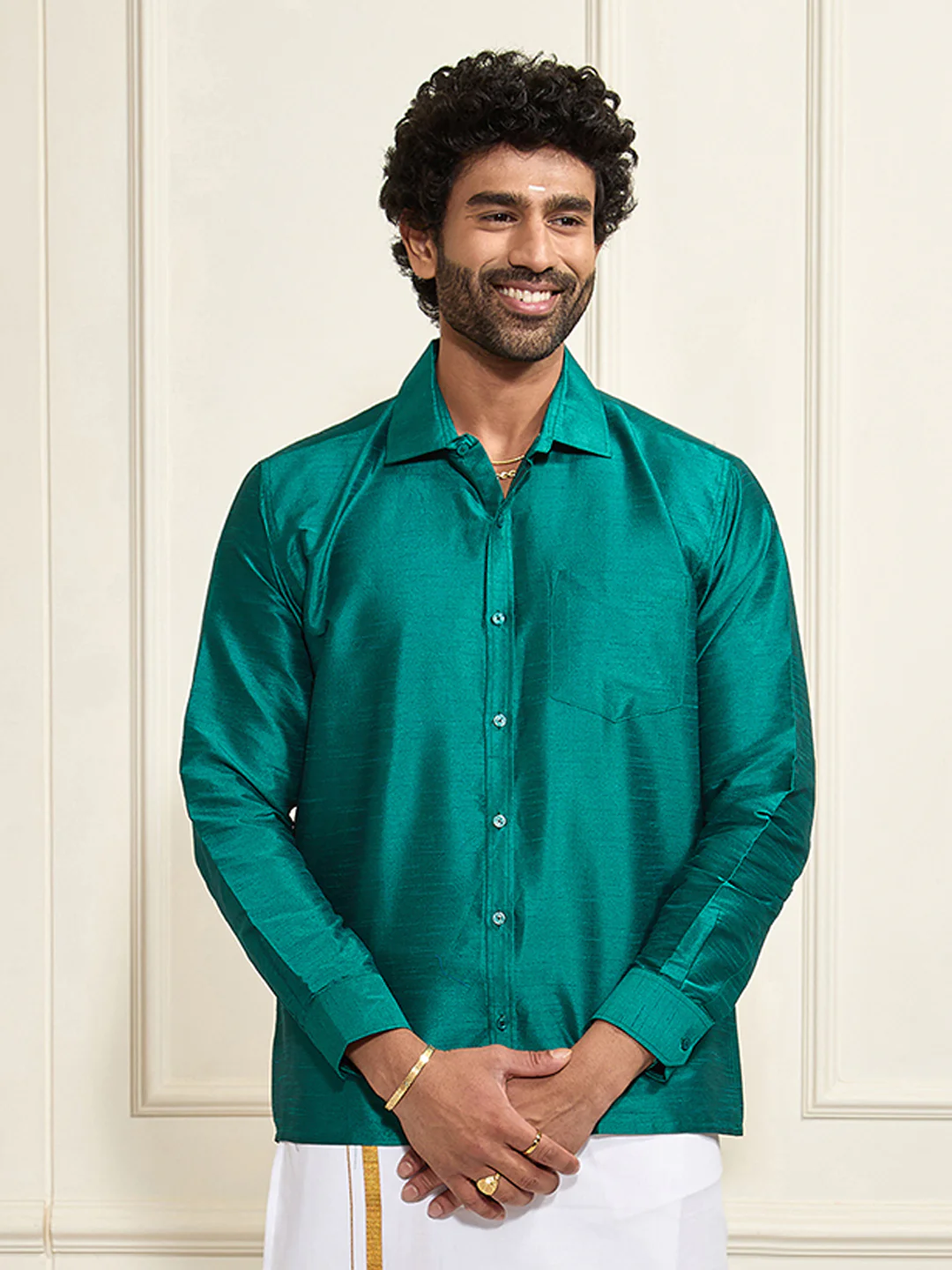 Men's Green Silk Blend Ethnic Shirt - Image 8