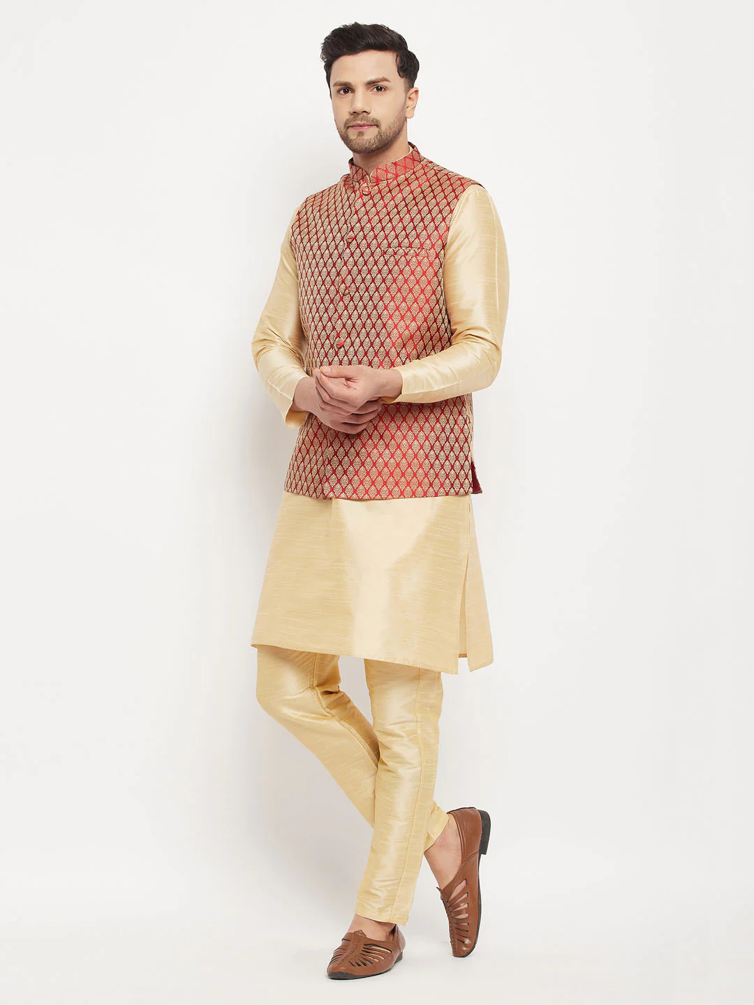 Men's Maroon Silk Blend Jacket With Kurta Pant Set - Image 7