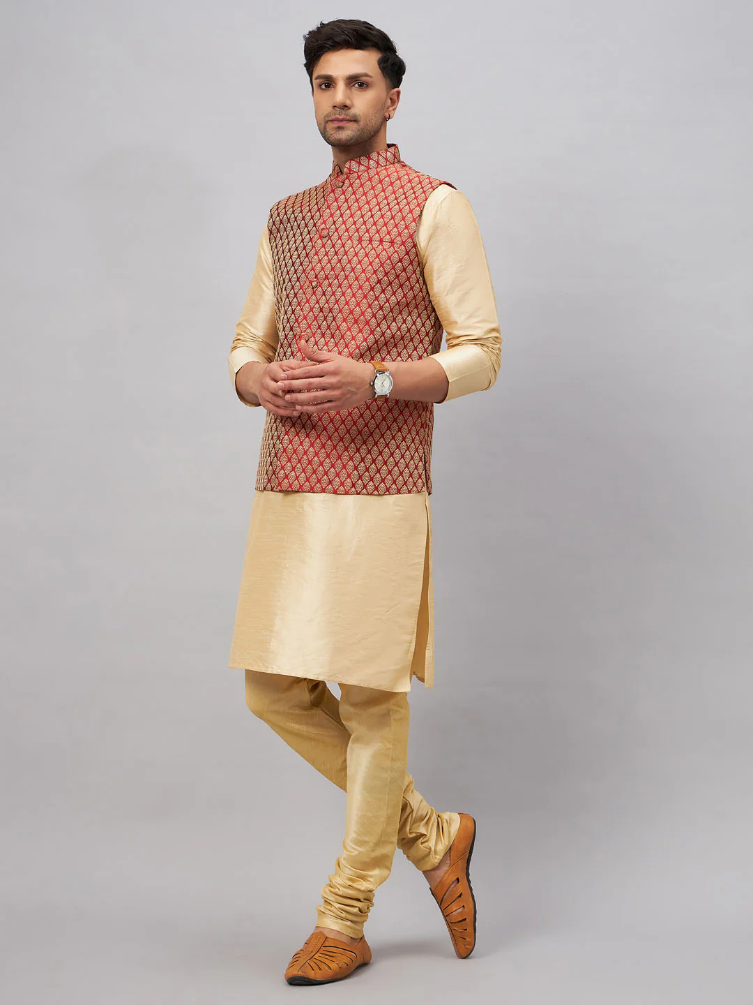 Men's Maroon Silk Blend Jacket With Kurta Pyjama Set - Image 6
