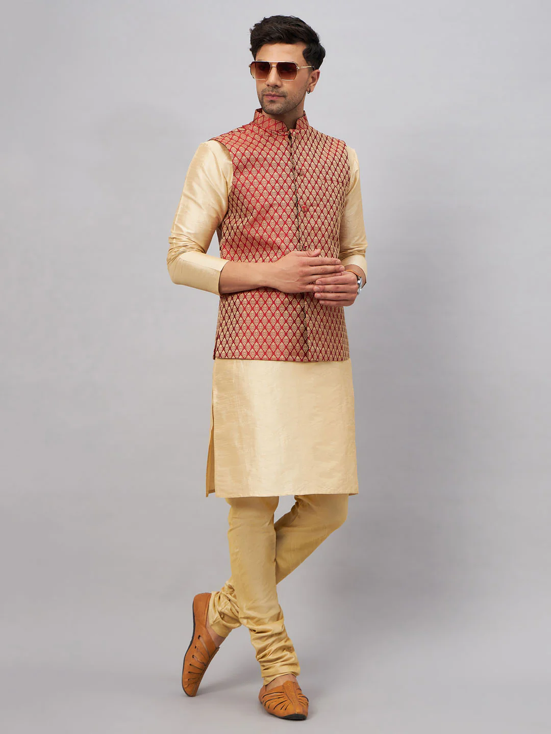 Men's Maroon Silk Blend Jacket With Kurta Pyjama Set - Image 8