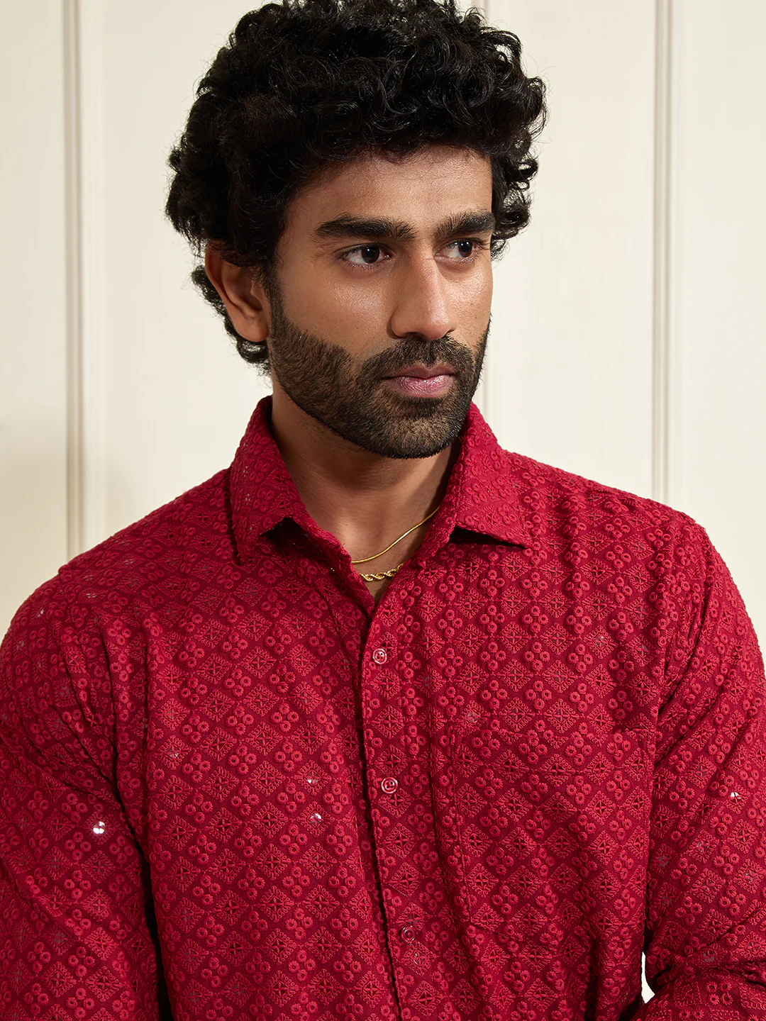Men's Maroon Rayon Embellished Shirt - Image 3