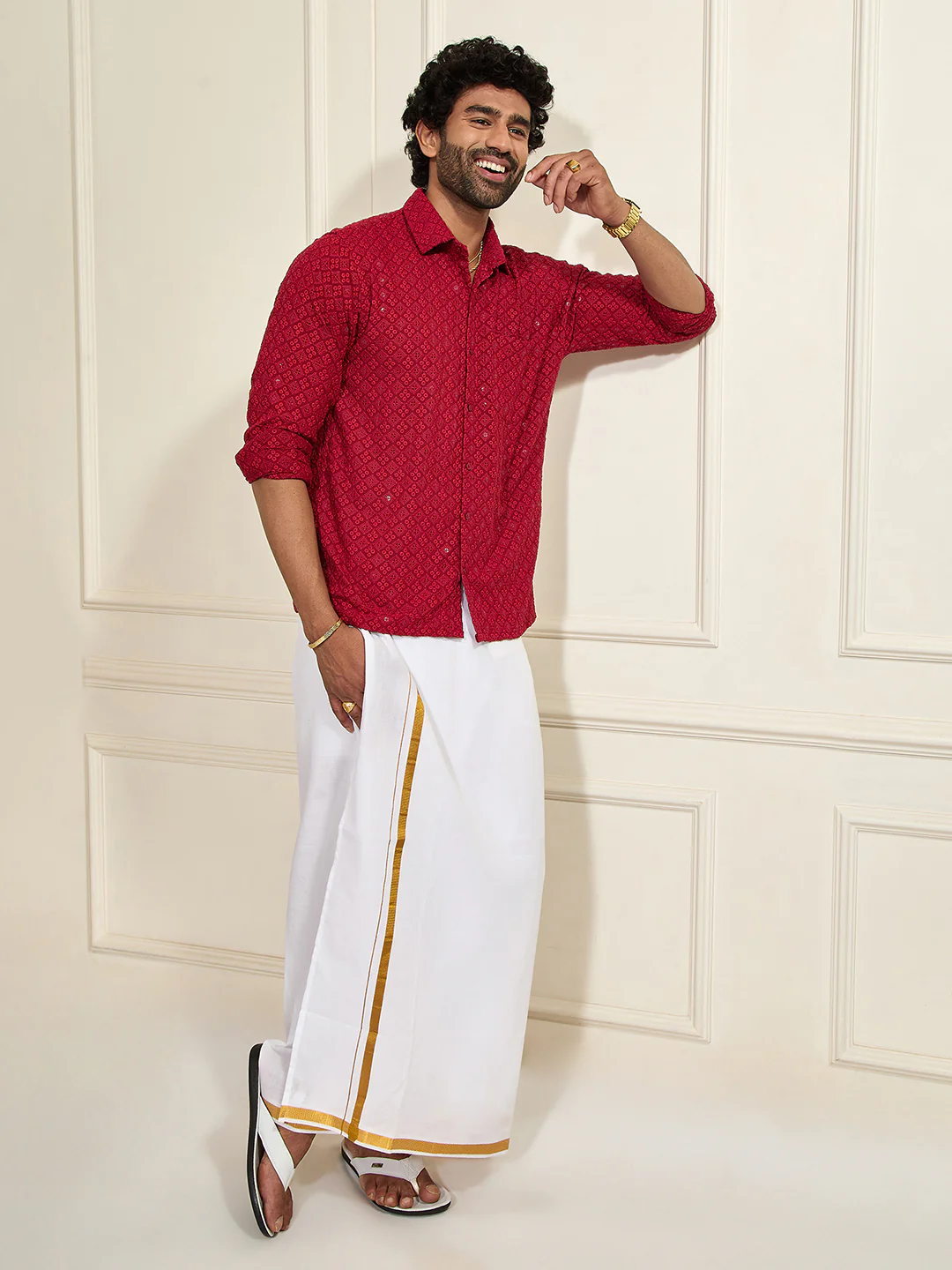 Men's Maroon Rayon Embellished Shirt - Image 5