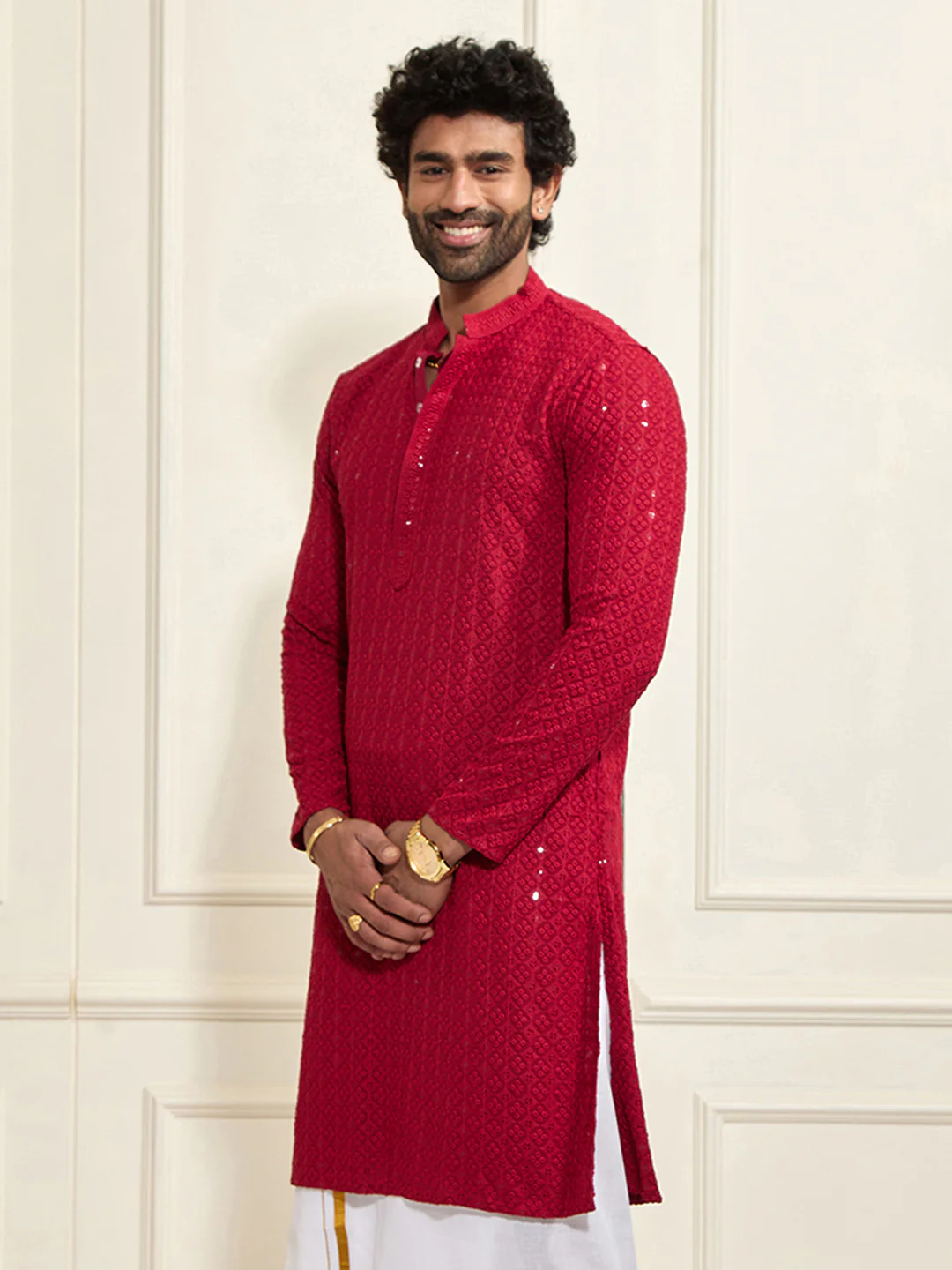 Men's Maroon Rayon Schiffli Kurta - Image 2