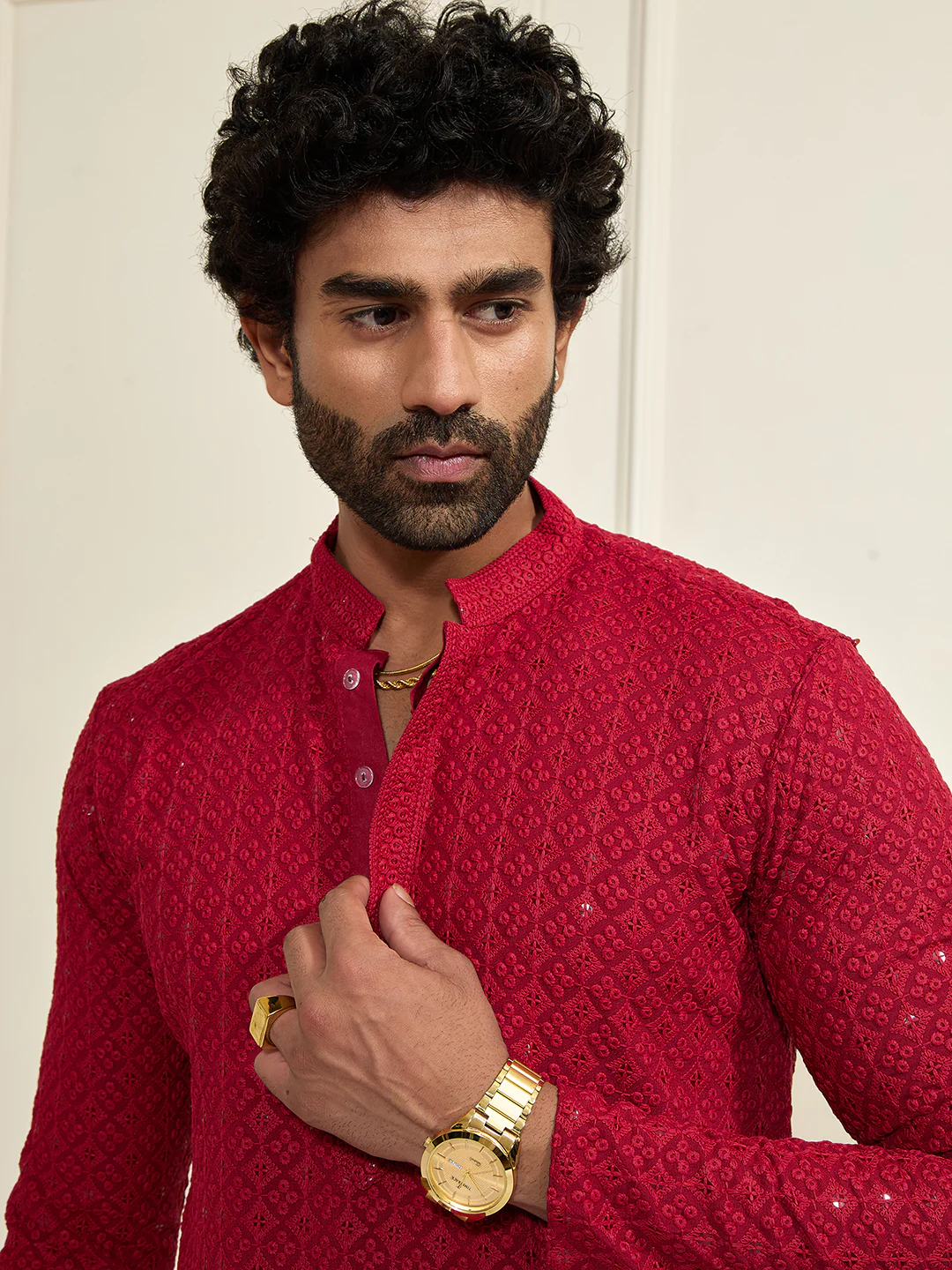 Men's Maroon Rayon Schiffli Kurta - Image 3
