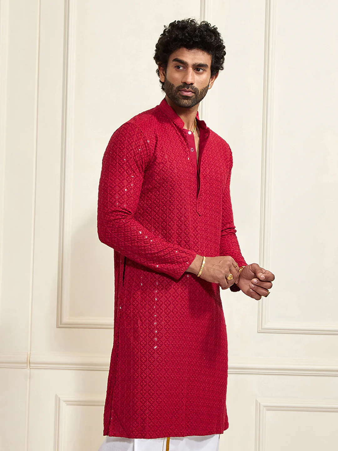 Men's Maroon Rayon Schiffli Kurta - Image 4