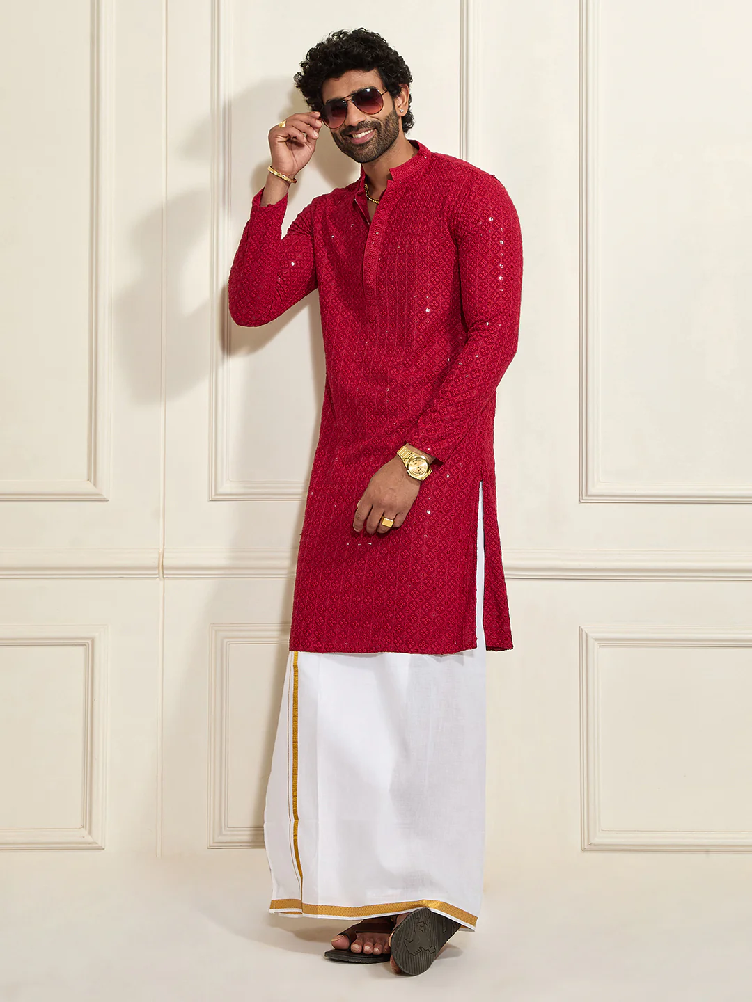 Men's Maroon Rayon Schiffli Kurta - Image 6