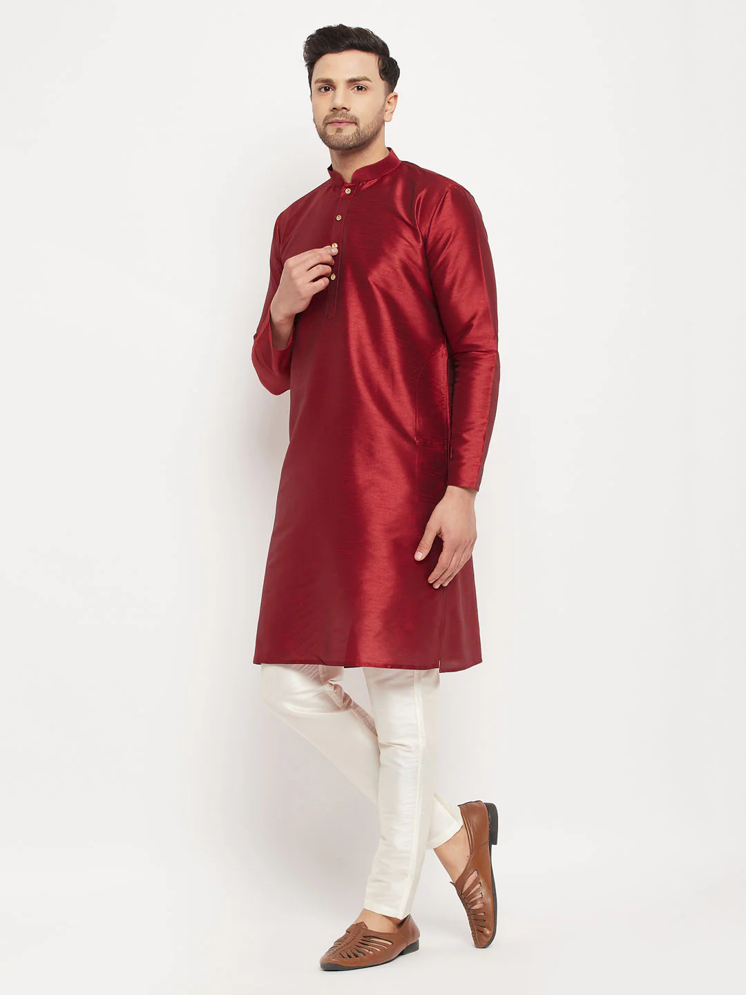 Men's Maroon Silk Blend Kurta And Cream Pant Style Pyjama Set - Image 6