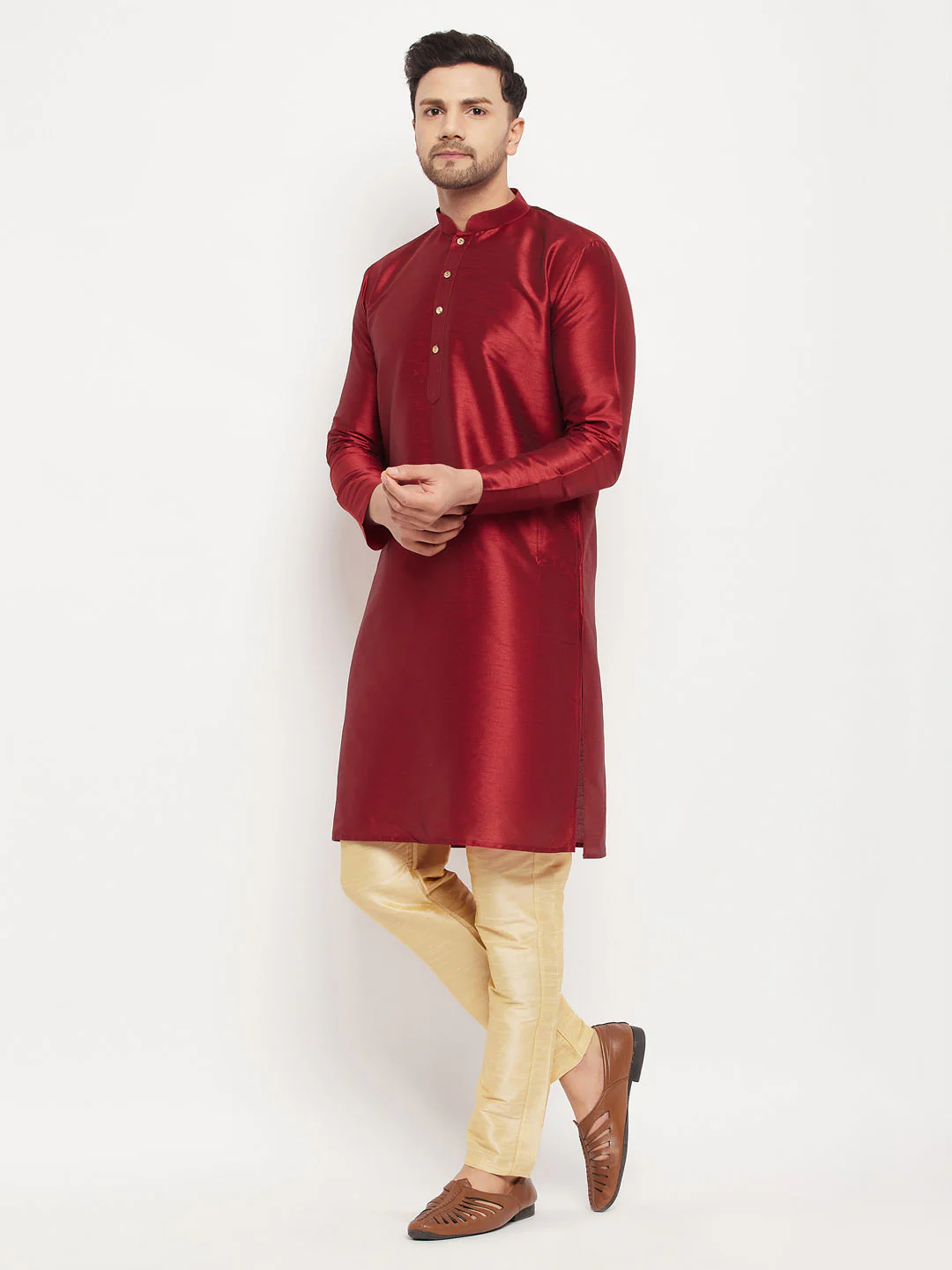 Men's Maroon Silk Blend Kurta And Gold Pant Style Pyjama Set - Image 6
