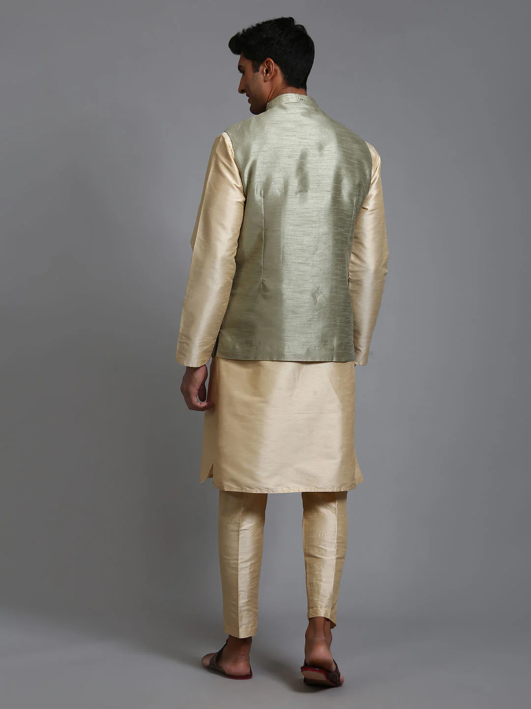 Men's Mehndi Green Embellished Jacket With Gold Kurta Pant Set - Image 3