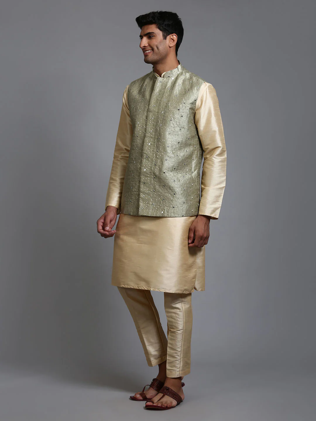 Men's Mehndi Green Embellished Jacket With Gold Kurta Pant Set - Image 6