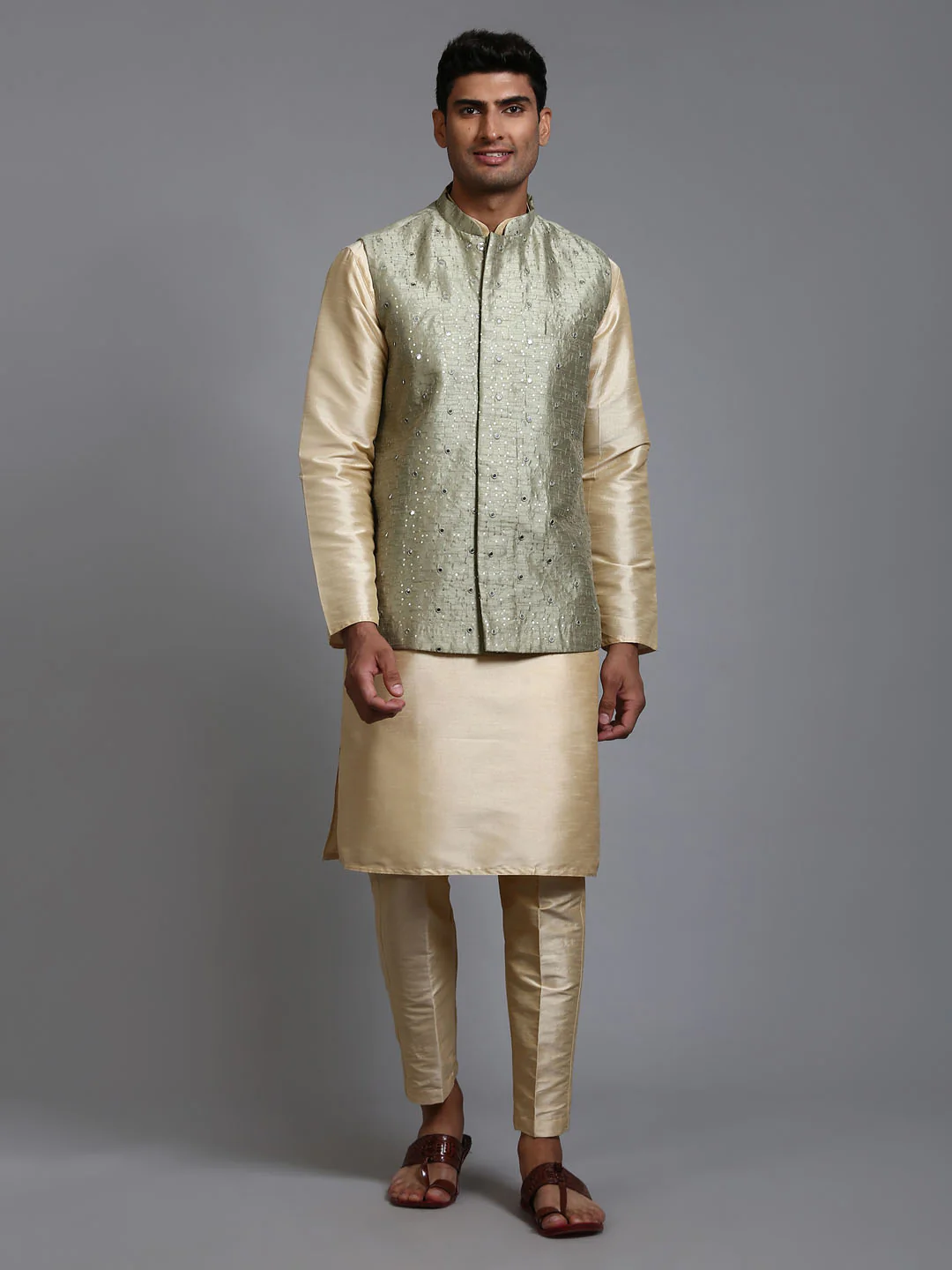 Men's Mehndi Green Embellished Jacket With Gold Kurta Pant Set - Image 7