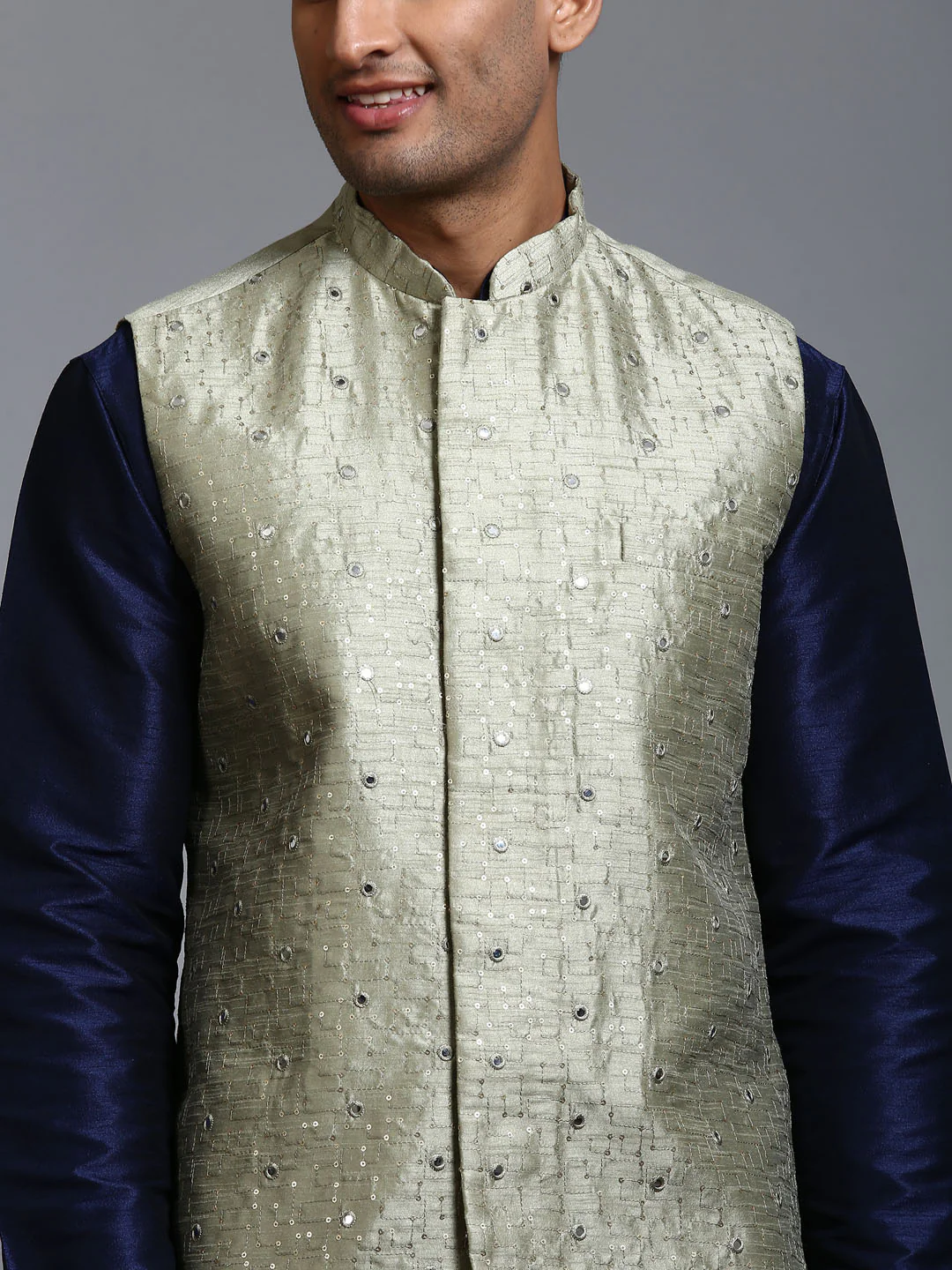 Men's Mehndi Green Embellished Jacket With Navy Blue Kurta Pant Set - Image 4