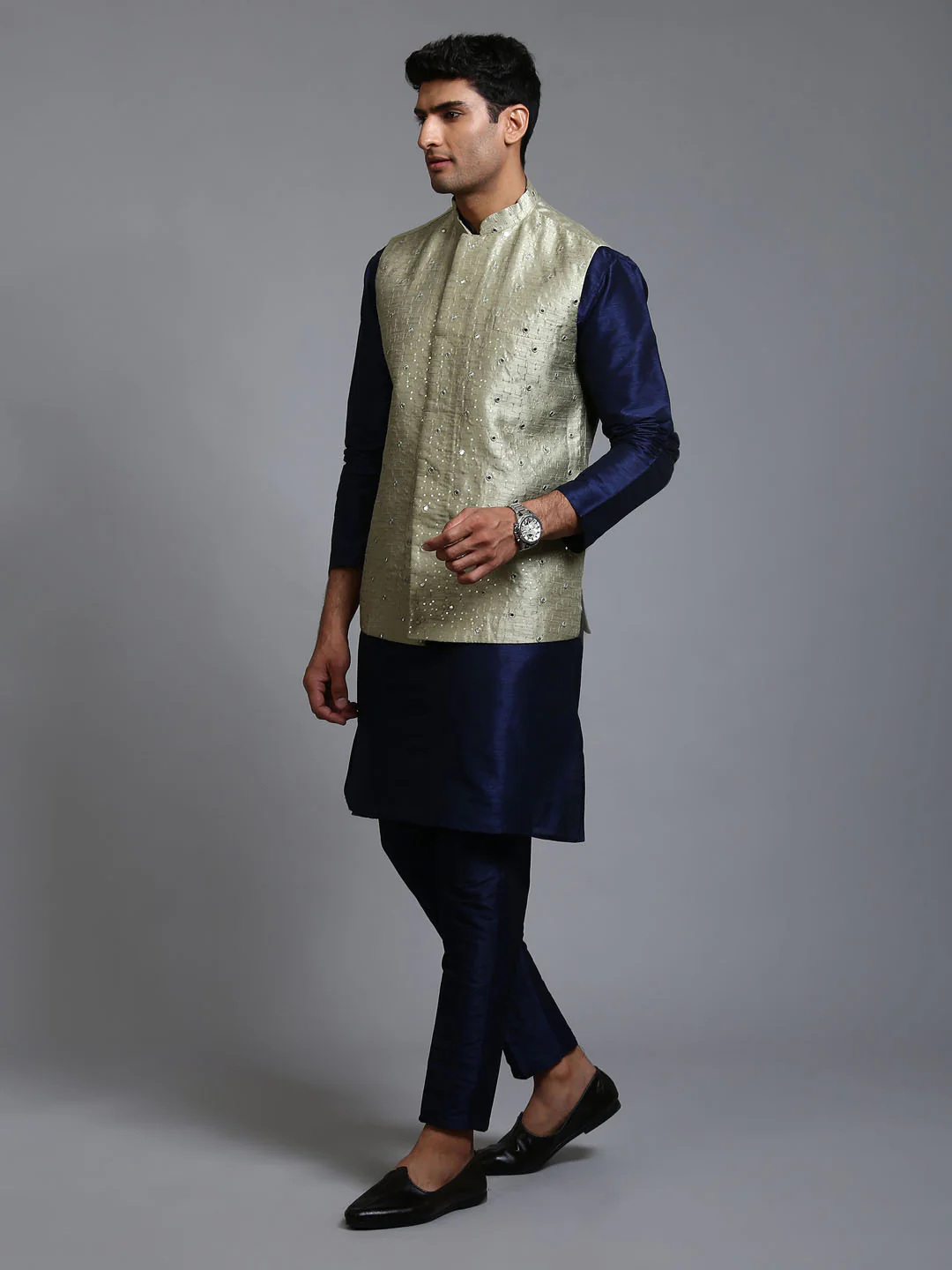 Men's Mehndi Green Embellished Jacket With Navy Blue Kurta Pant Set - Image 6