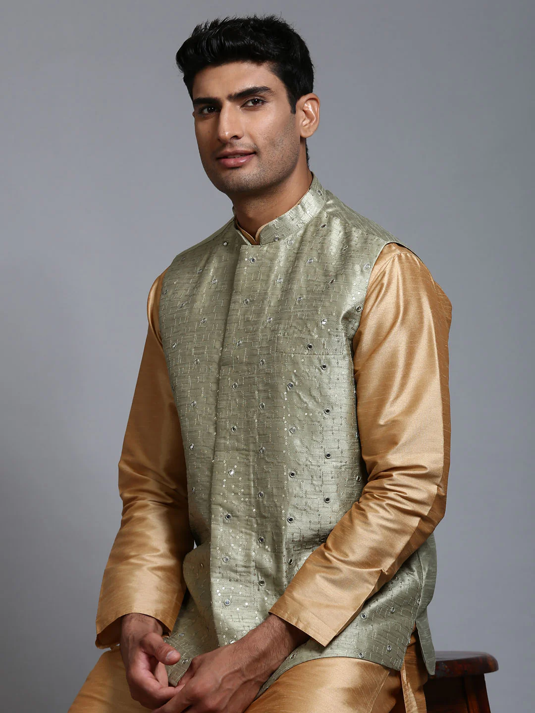 Men's Mehndi Green Embellished Jacket With Rose Gold Kurta Pant Set - Image 4