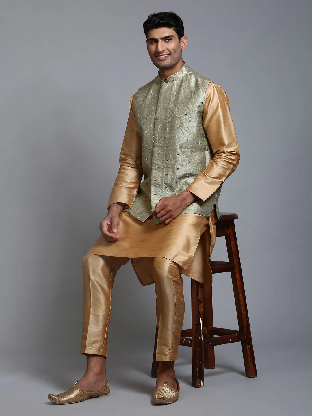 Men's Mehndi Green Embellished Jacket With Rose Gold Kurta Pant Set - Image 6