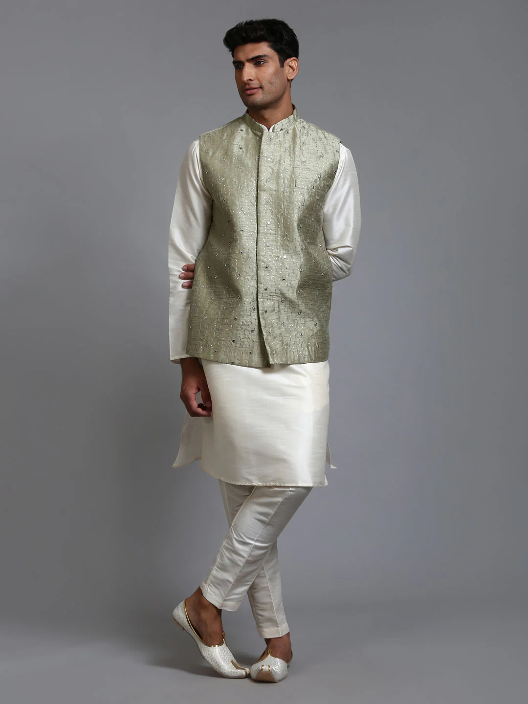Men's Mehndi Green Embellished Jacket With Cream Kurta Pant Set - Image 7