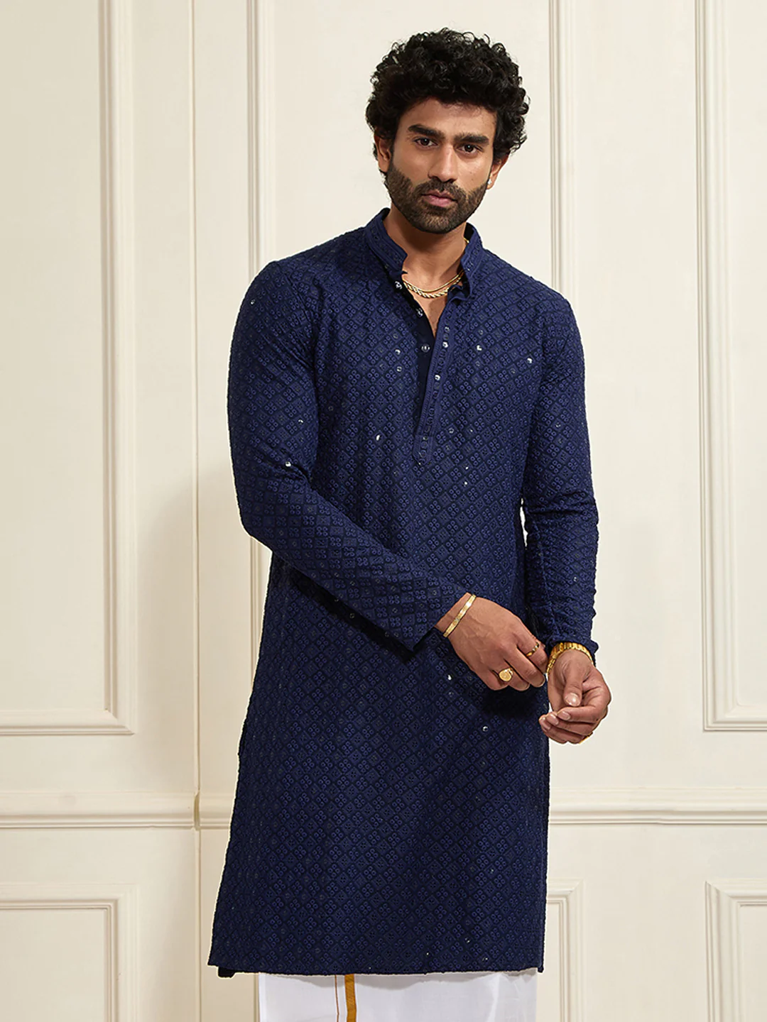 Men's Navy Blue Rayon Schiffli Kurta - Image 5