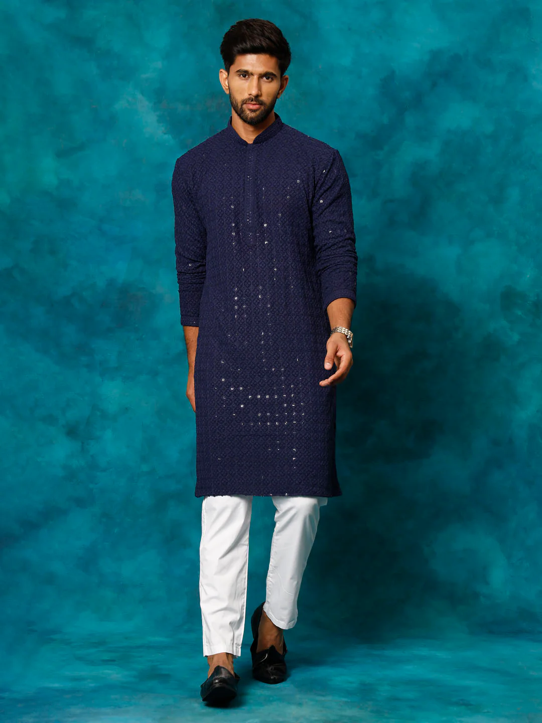 Men's Navy Blue Rayon Schiffli Kurta And Pant Set - Image 8
