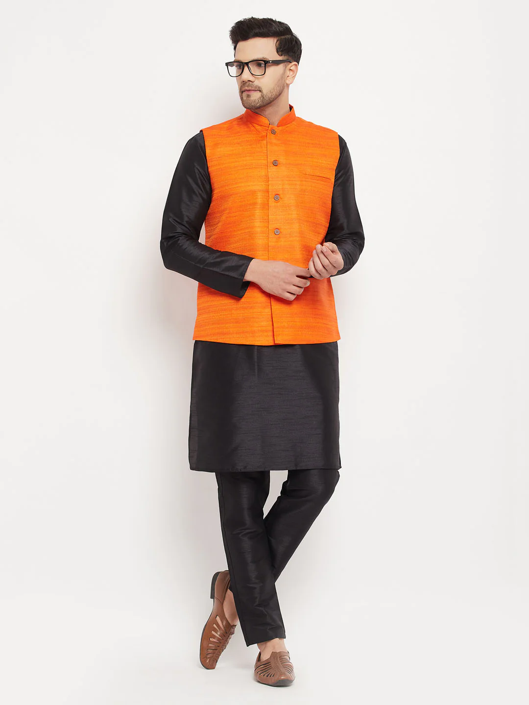 Men's Orange Matka Silk Nehru Jacket With Black Silk Blend Kurta And Pant Style Pyjama Set - Image 6