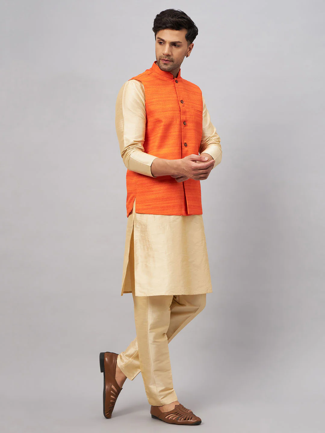 Men's Orange Matka Silk Nehru Jacket With Gold Silk Blend Kurta And Pant Style Pyjama Set - Image 2