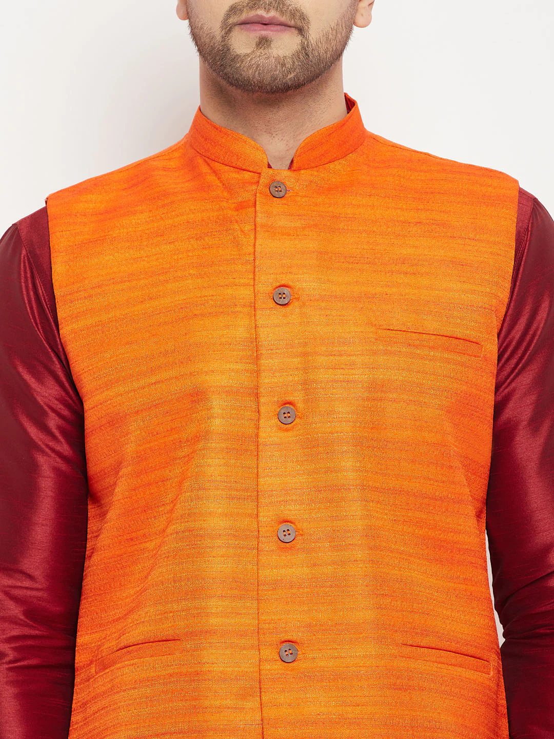 Men's Orange Matka Silk Nehru Jacket With Maroon Silk Blend Kurta And Pant Style Pyjama Set - Image 4