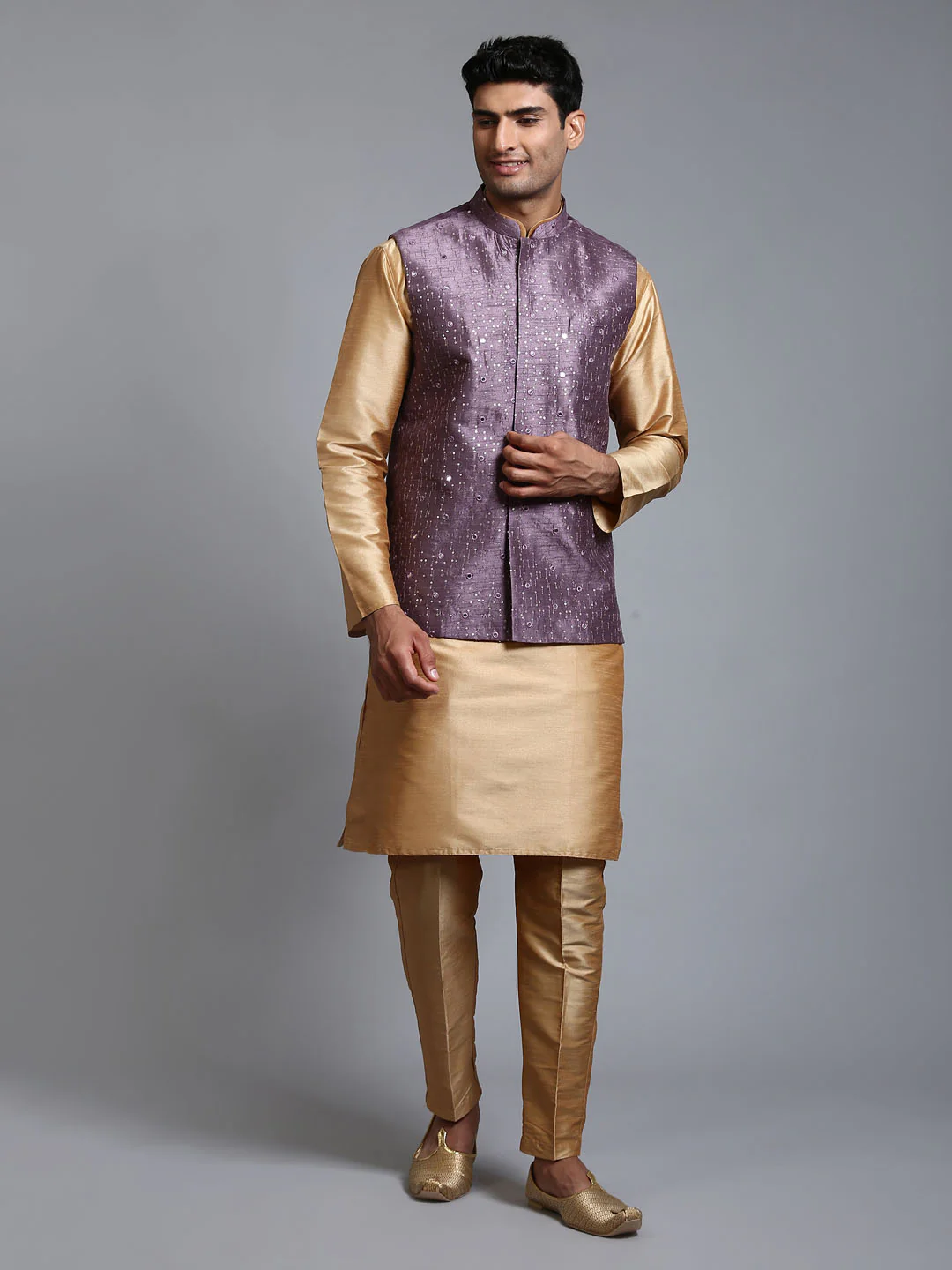 Men's Purple Embellished Jacket With Rose Gold Kurta Pant Set - Image 6
