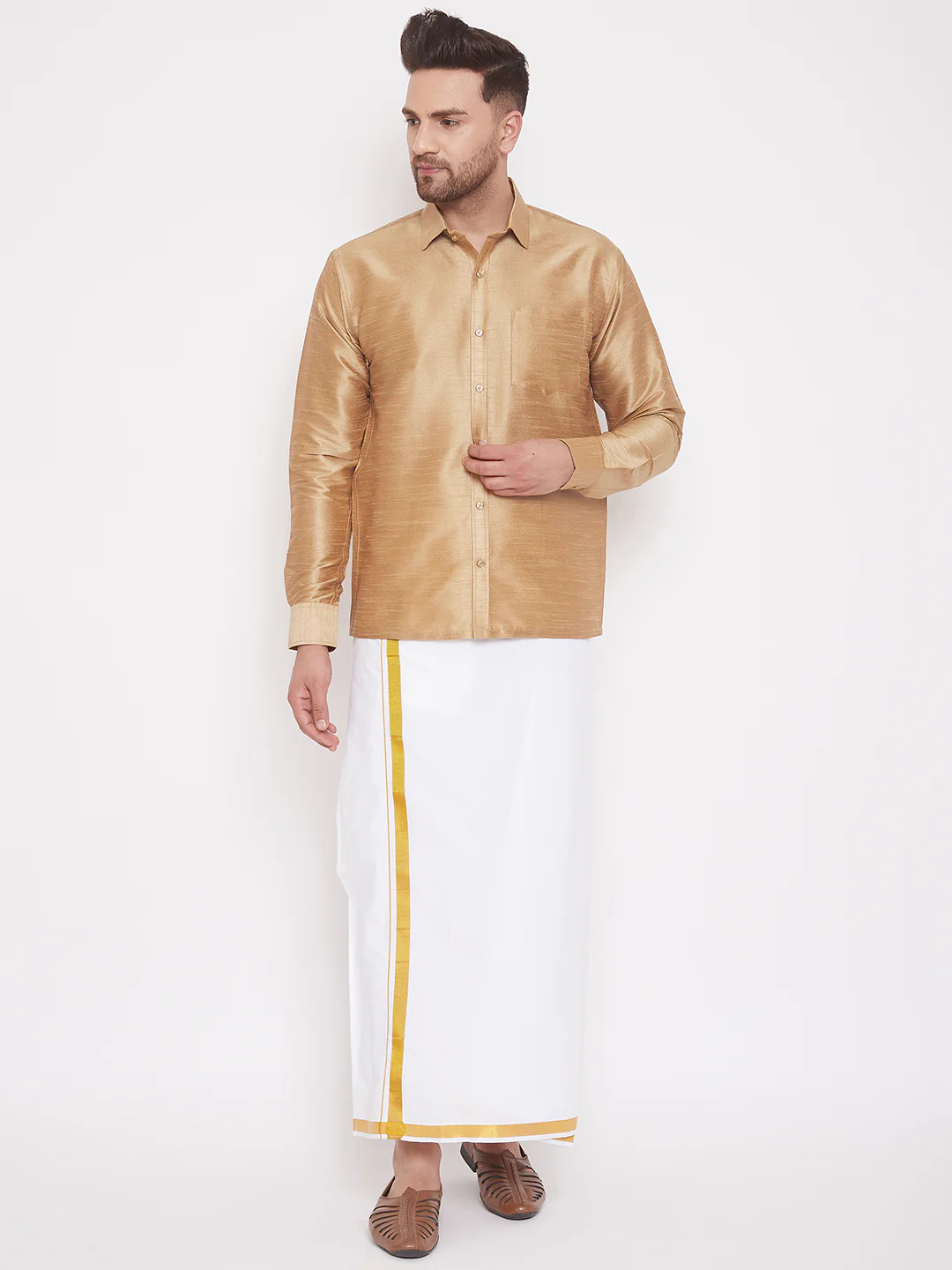 Men's Rose Gold Silk Blend Ethnic Shirt - Image 5
