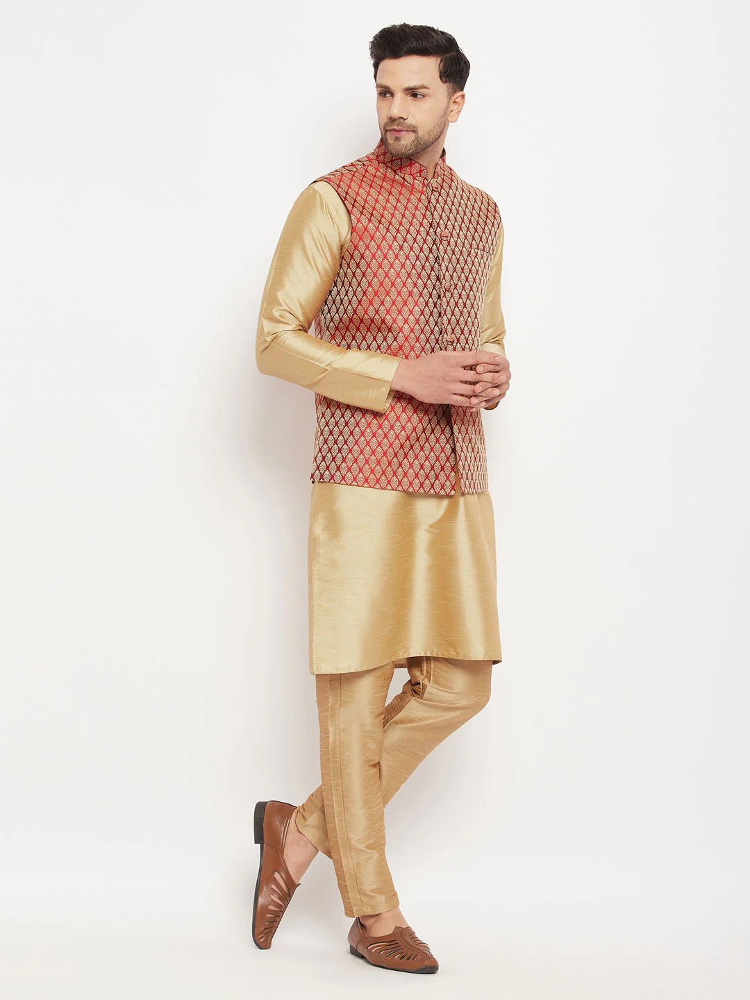 Men's Rose Gold Silk Blend Kurta And Pant Style Pyjama With Maroon Woven Nehru Jacket - Image 2
