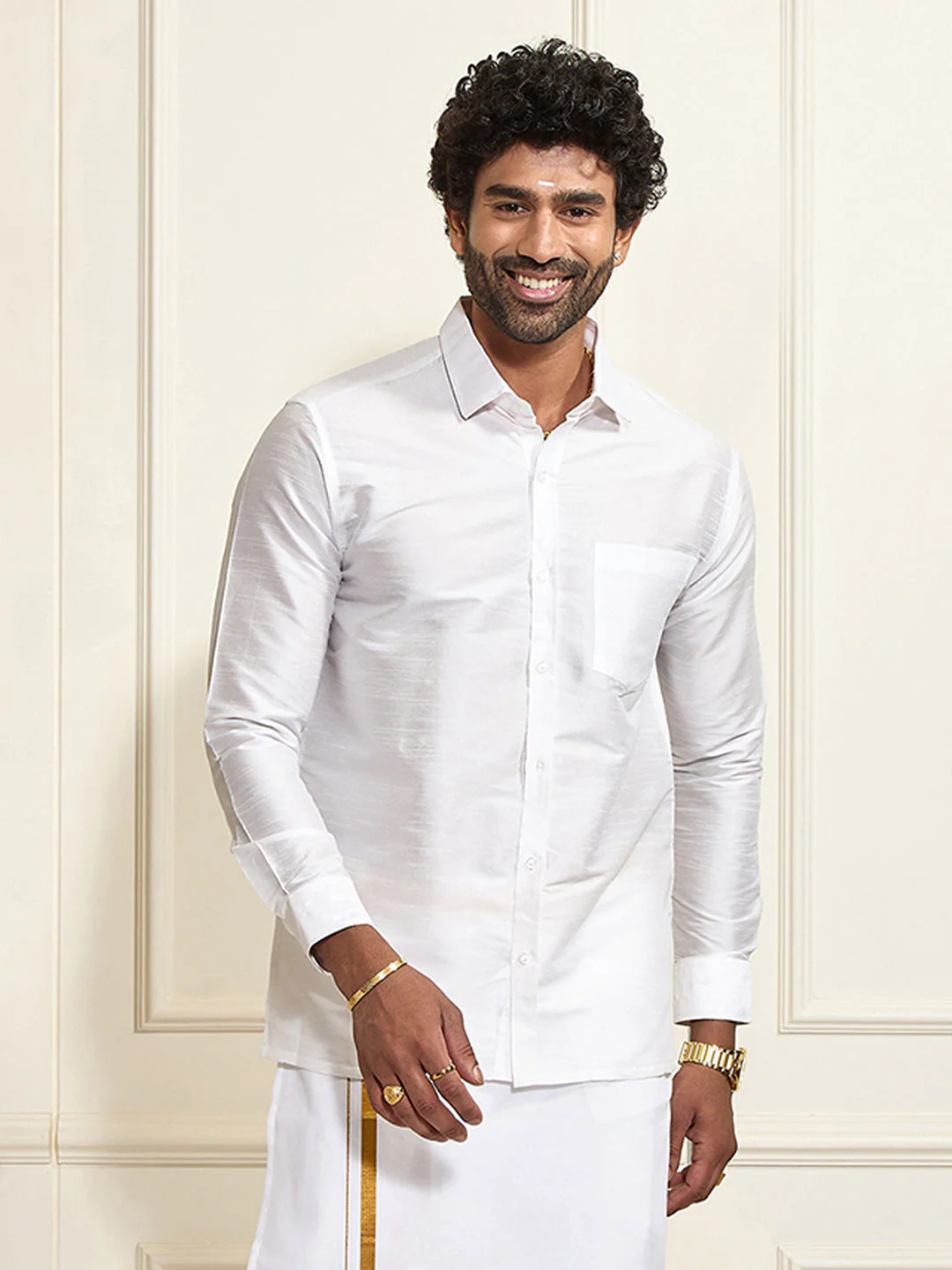 Men's White Silk Blend Ethnic Shirt - Image 7