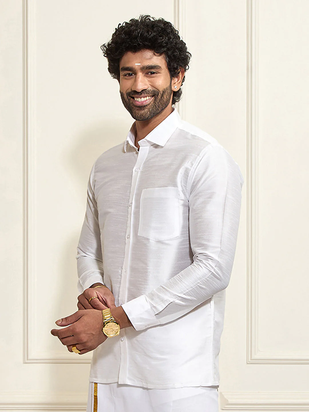 Men's White Silk Blend Ethnic Shirt - Image 8