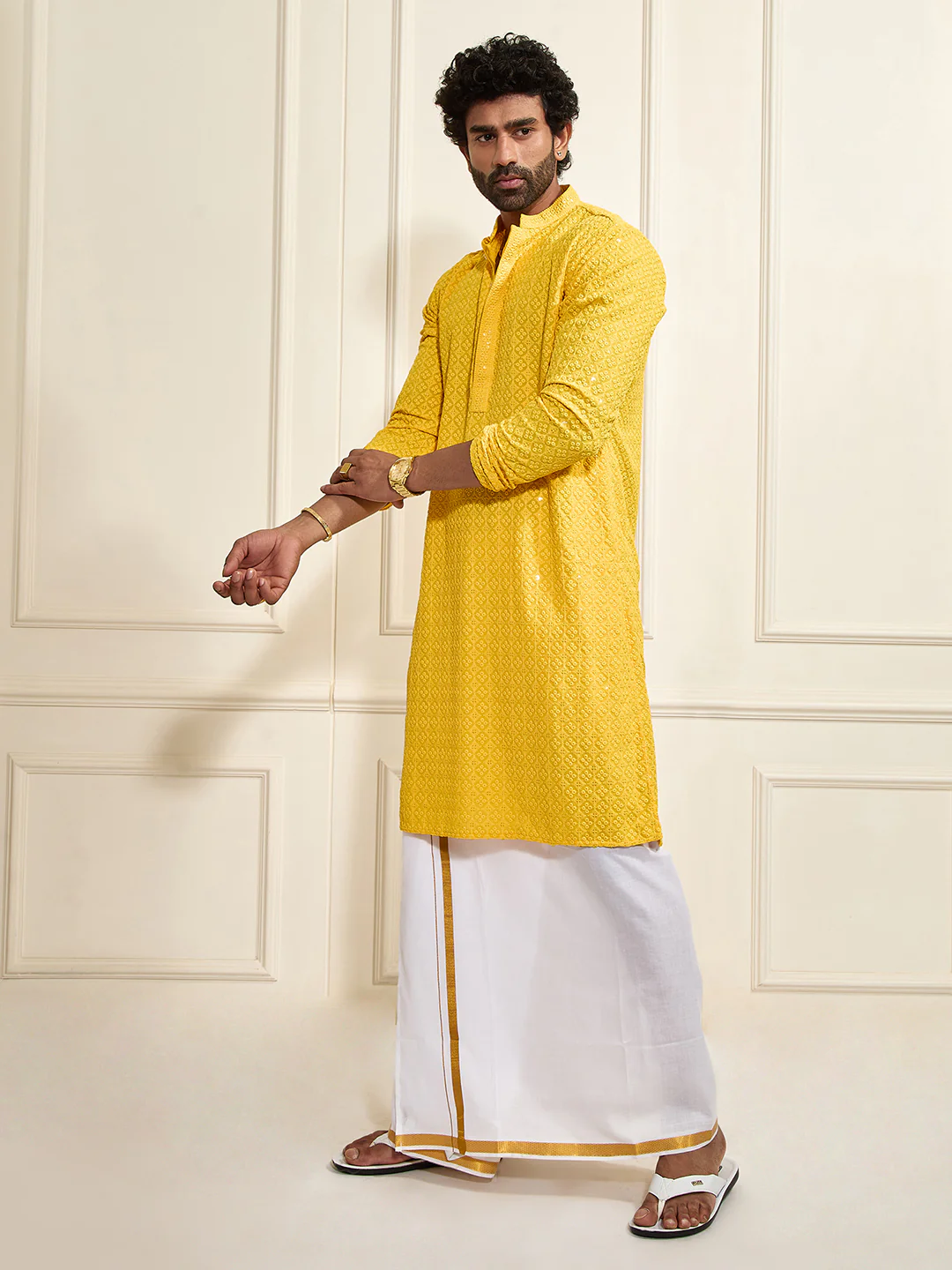 Men's Yellow Rayon Schiffli Kurta - Image 6