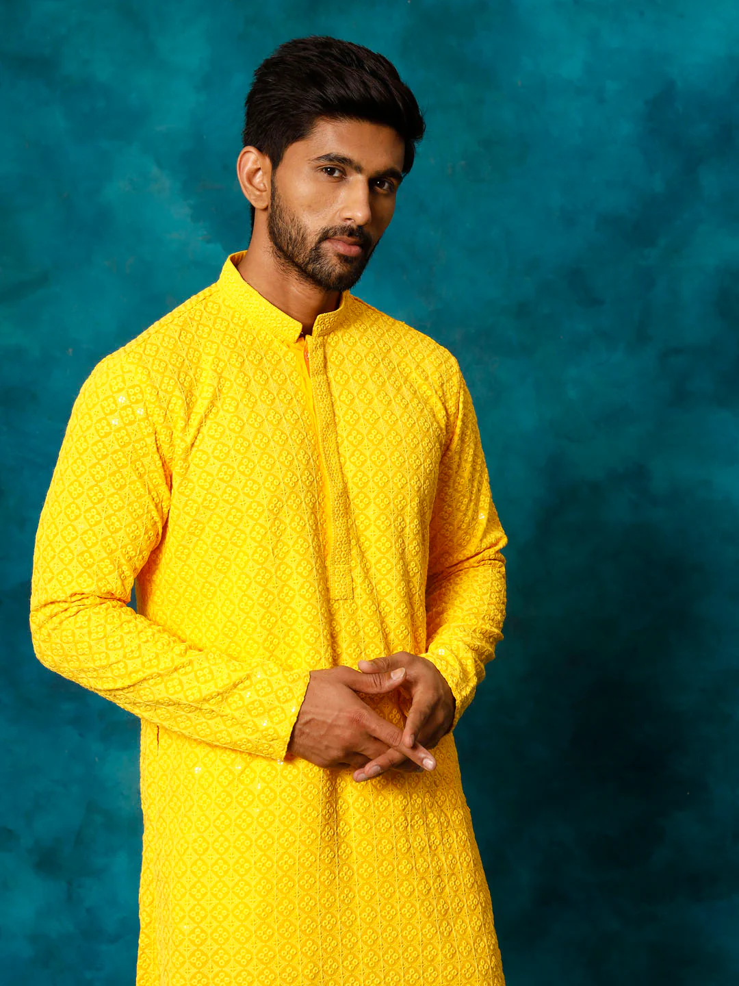 Men's Yellow Rayon Schiffli Kurta And Pant Set - Image 4