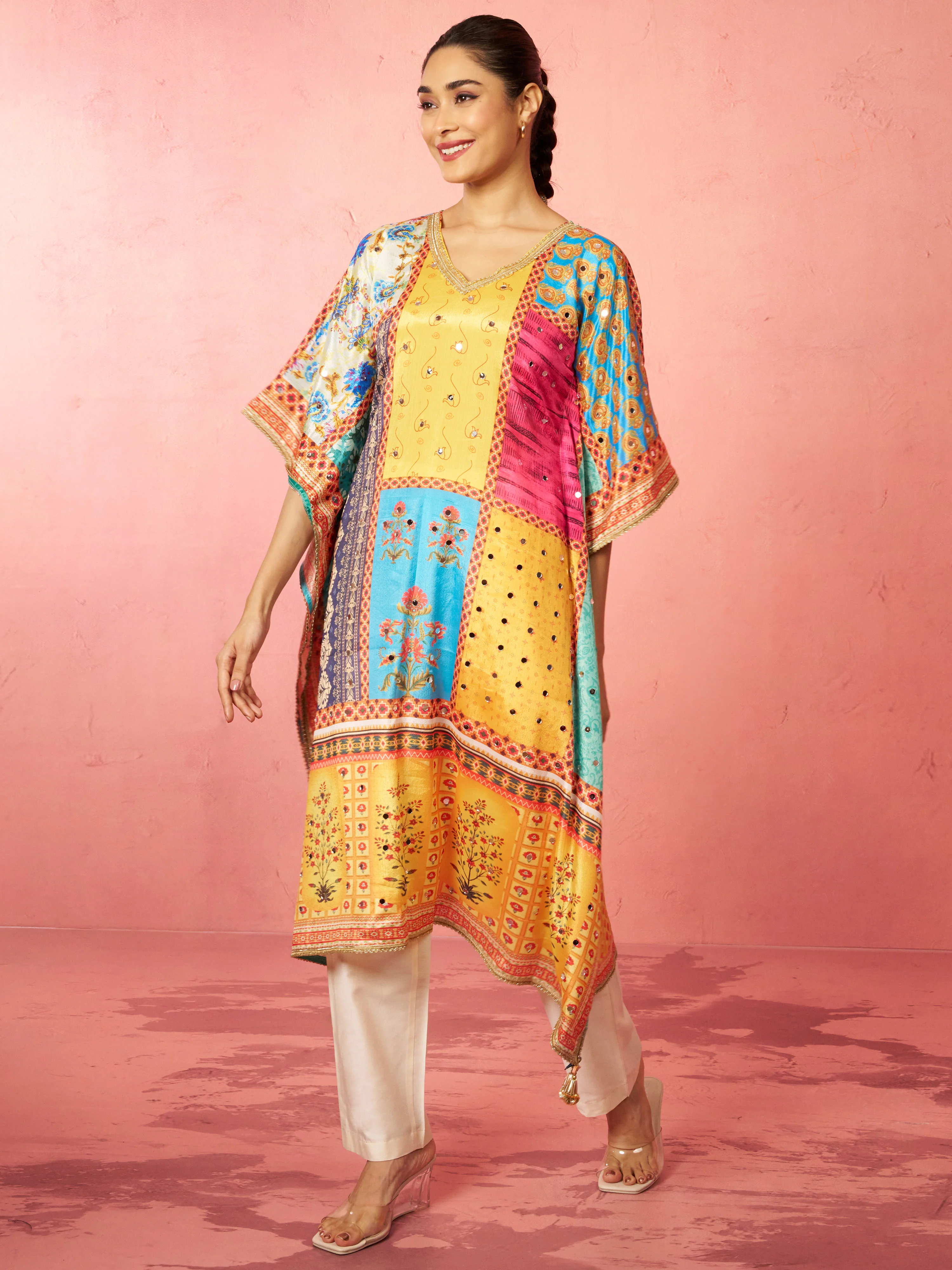 Women's Multicolour Chinon Kaftan Kurta Set - Image 4