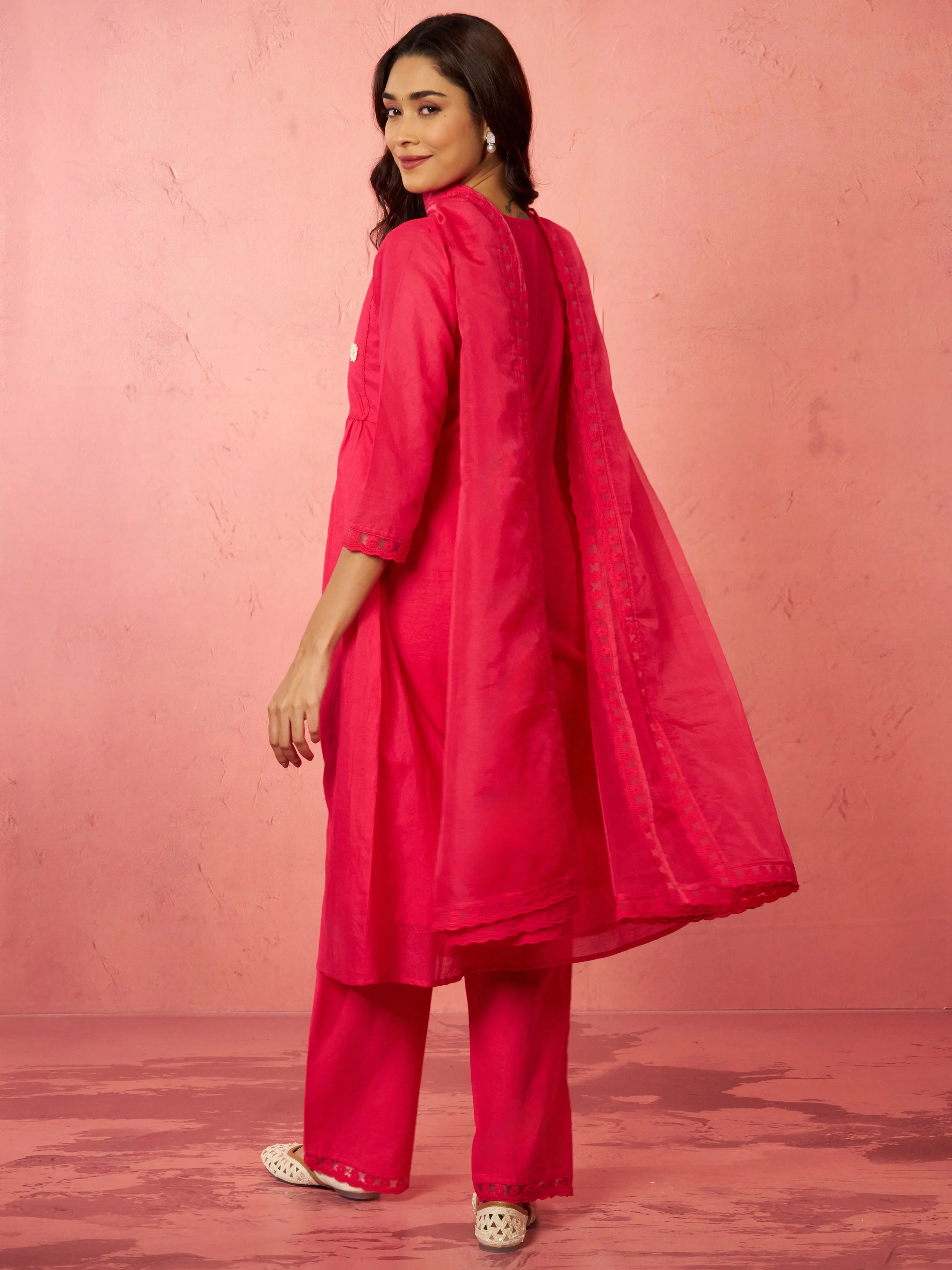 Women's Pink Chanderi Anarkali Kurta Set - Image 5