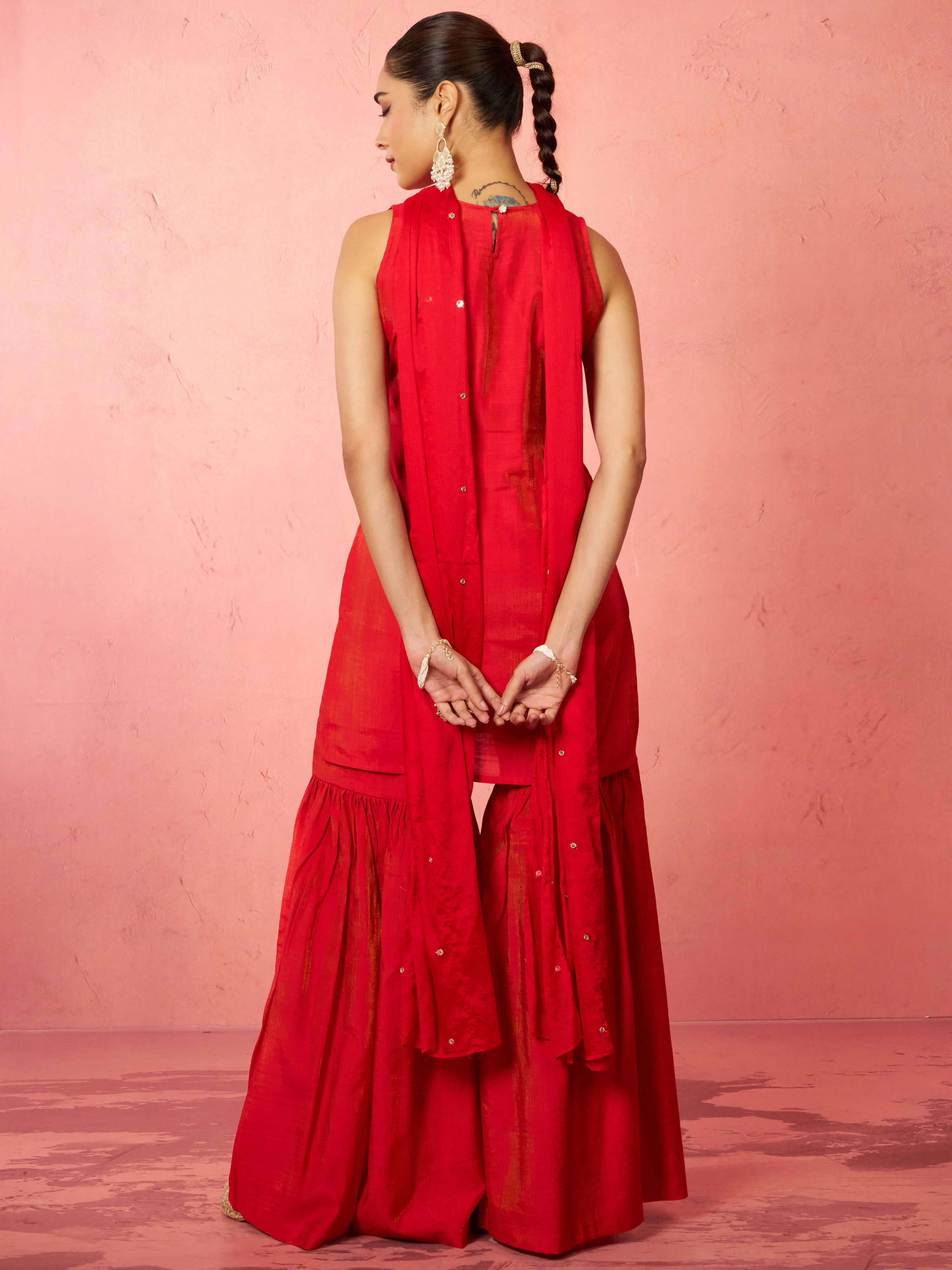Women's Red Cotton Kurta Sharara Set - Image 5