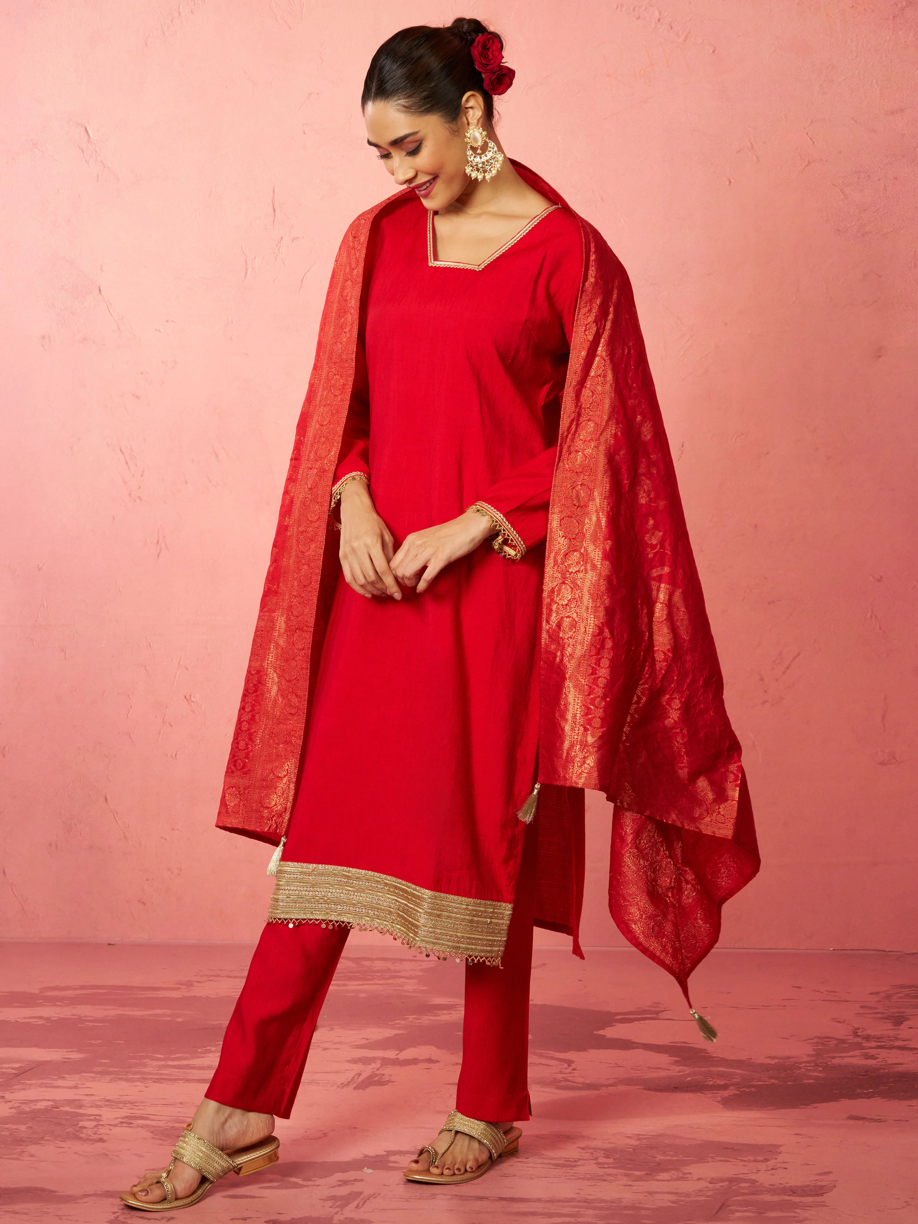 Women's Red Cotton Straight Kurta Set - Image 3