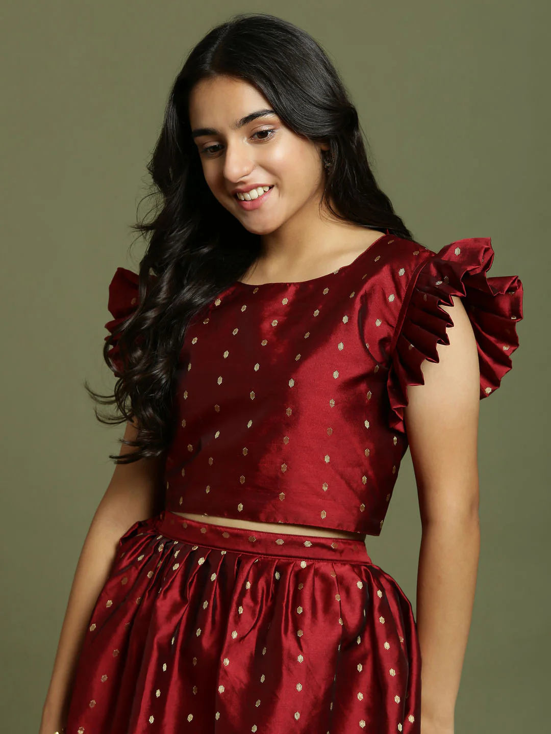 Girl's Maroon Woven Design Booti Crop Top And Long Skirt Set - Image 4
