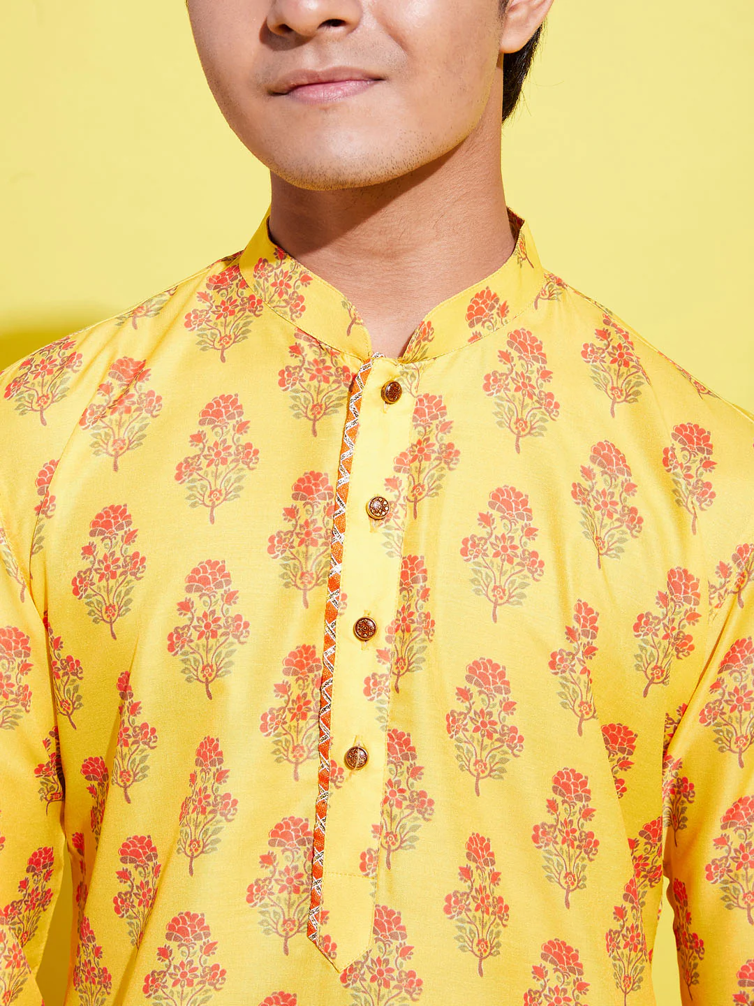 Boy's' Multicolor-Base-Mustard And Cream Kurta Patiala Set - Image 5